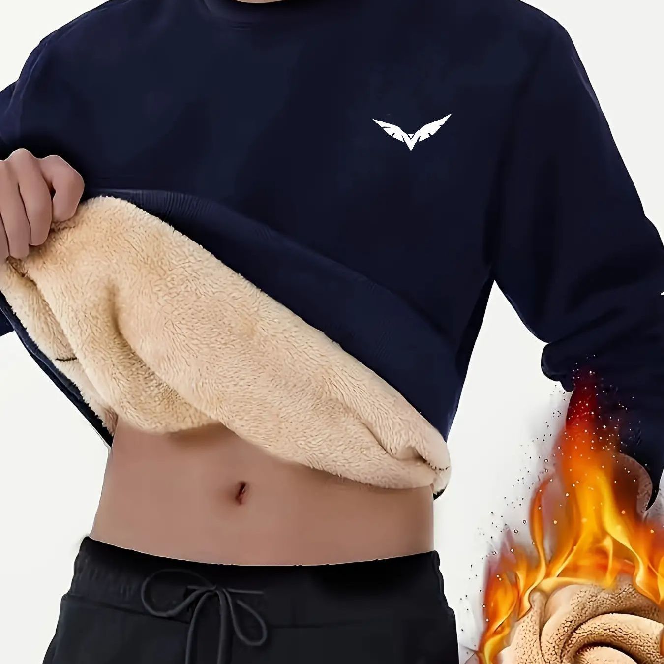 TEMU Men's Heavy Fleece Sweatshirt - Cozy Crew Neck Pullover For Winter, Casual Long Sleeve In With Trendy White On , Extremely Soft & Insulated