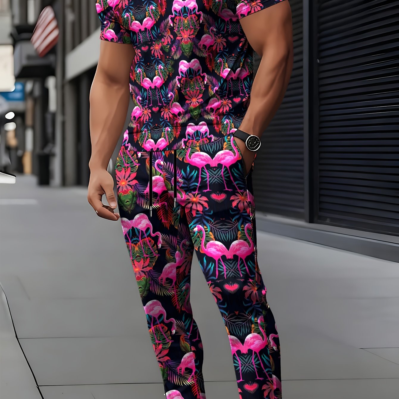 E-shop Frühlings-Sommer Herrenmode Freizeit Set, High-Definition Musterdruck Schwarz Rosa Flamingo Rundhals Kurzarm T-Shirt und Kordelzug Sportliche