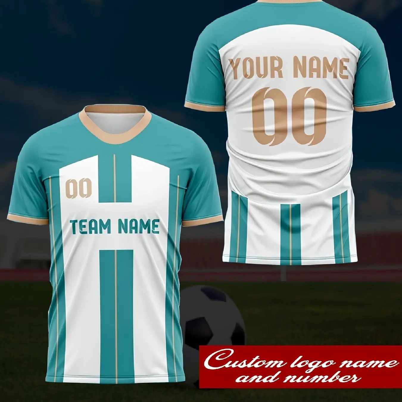 TEMU Customizable Men's Soccer Jersey T-shirt - Personalized Name & Number, Lightweight Breathable Fabric, Blue Green White For Team Sports, Football