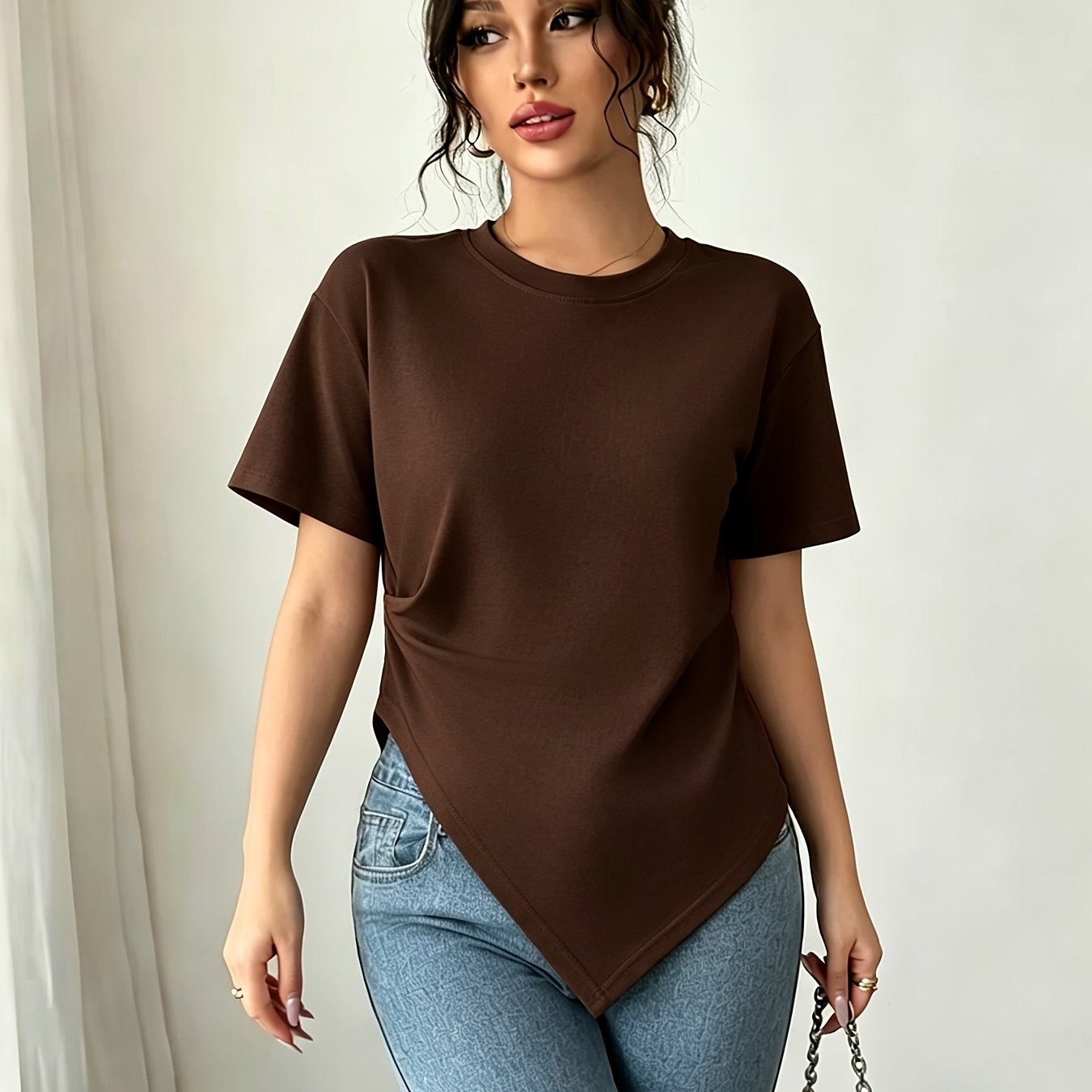 TEMU Women's Summer Round Neck Irregular Diagonal Hem Short Sleeve T-shirt With Side , Waist-defining Slim Fit, Unique Niche Design, Versatile Solid