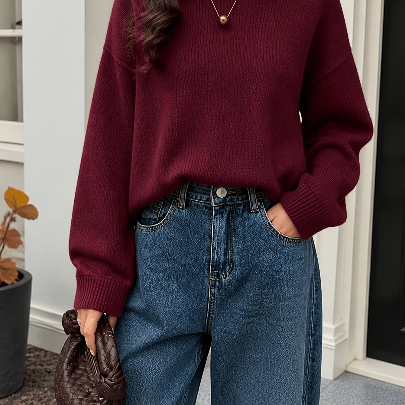 TEMU Women's Crew Neck Sweater, Casual Long Sleeve Solid Pullover Knitwear