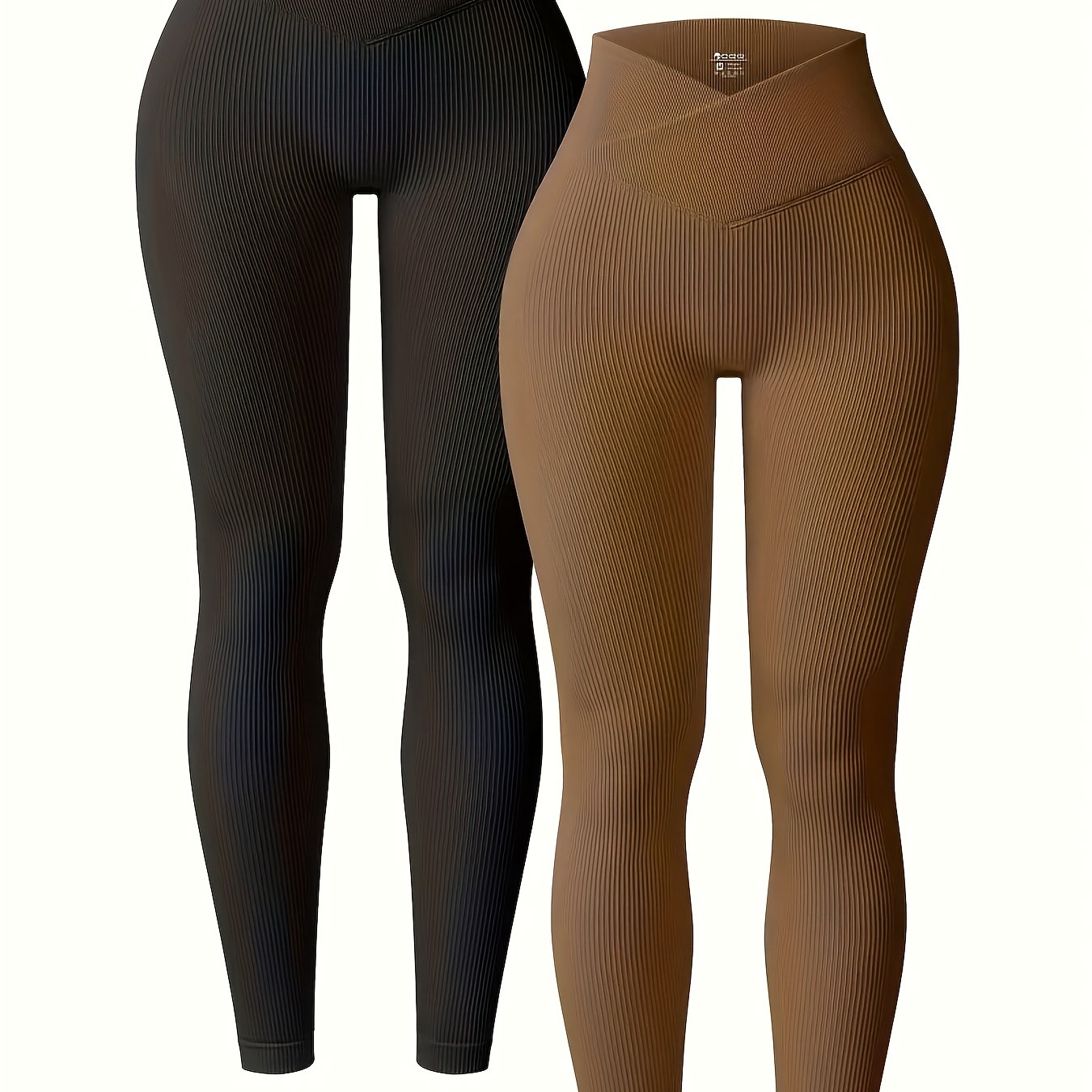 Image of 2pcs Women' High-waisted Leggings, Ribbed Fabric, High-waist Tummy Control And -lifting Sexy Design, Suitable For Daily Wear, Gym Workouts, Or Yoga Activities