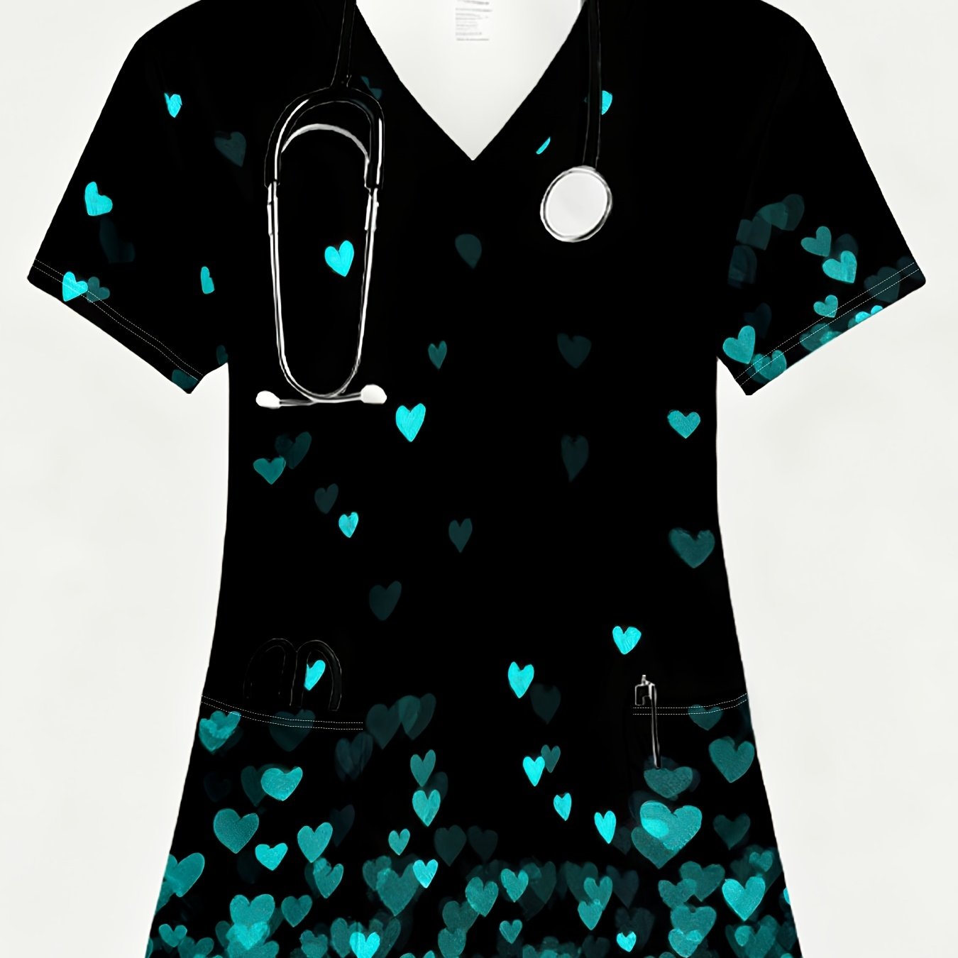 TEMU Elegant And Stylish Women's Printed V-neck Short-sleeve Nursing Uniform, Featuring A Green Heart Gradient On A Black Background. Machine