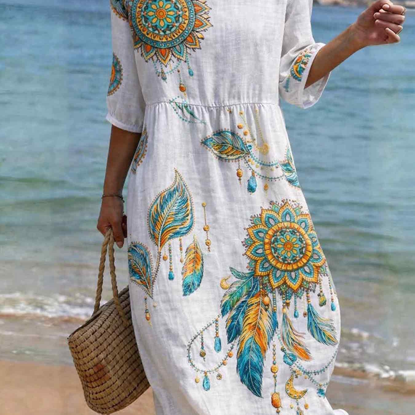 Image of Plus Size - New Arrival Vintage Casual Women Round Neck 3 Quarter Sleeve Midi Dress, Allover Bohemian Mandala And Gradient Print On White, High Waist Gathered Swing Skirt Daily Holiday Outfits