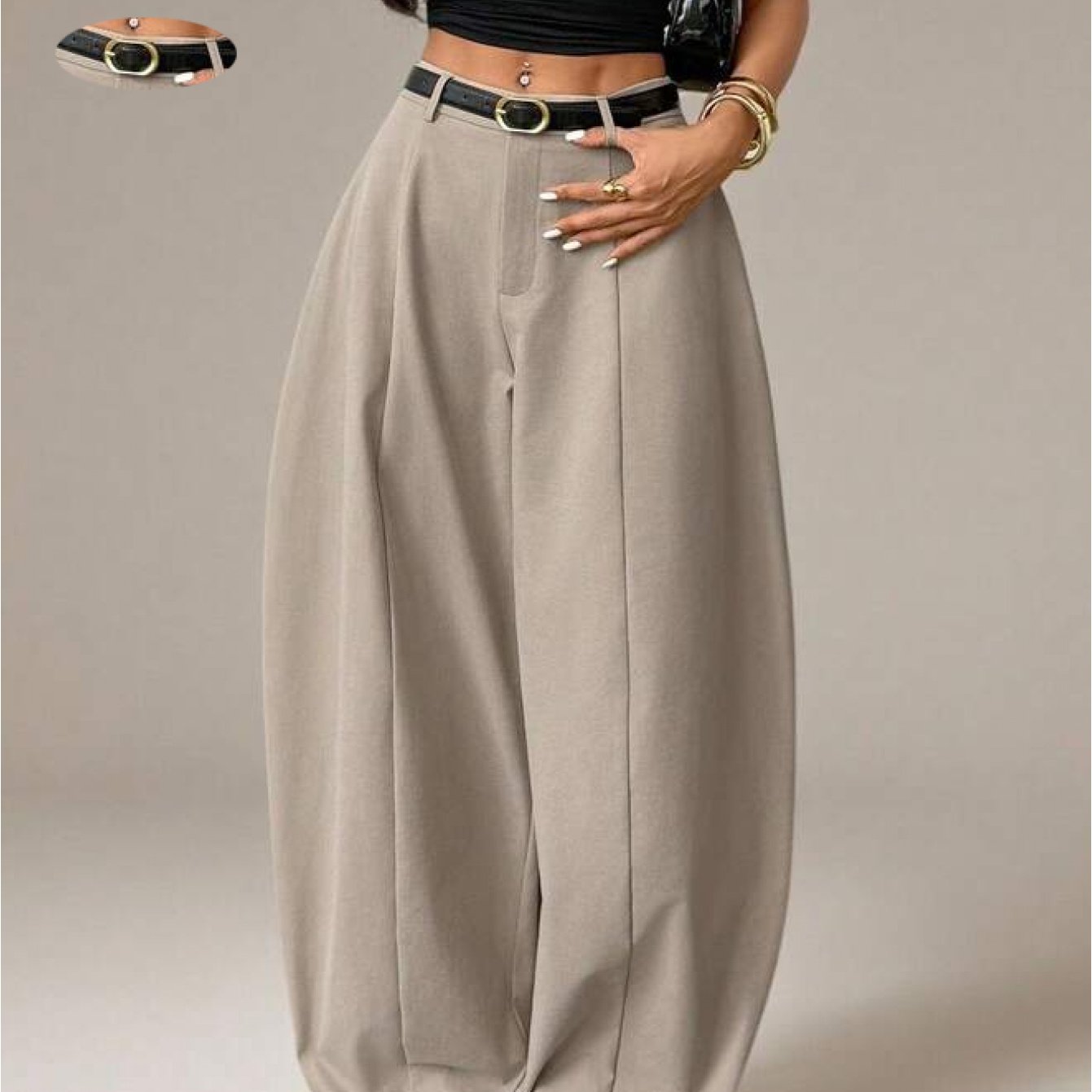 TEMU Pantalon long ceinture pour femme, couleur unie, pantalon ballon taille haute, pantalon à jambe cylindrique en tonneau, pantalon fer à cheval et