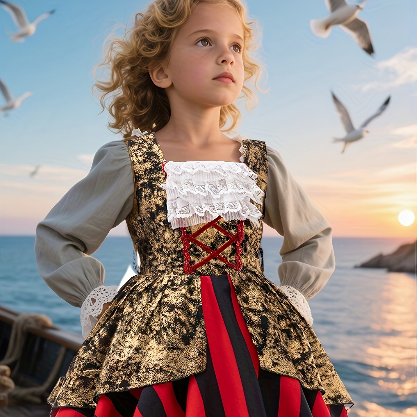 5pcs Girls' Role Play Costume Court Style Pirate Theme Clothing Four-piece Set (eye Mask + Hat + Dress + White Gloves + Belt)