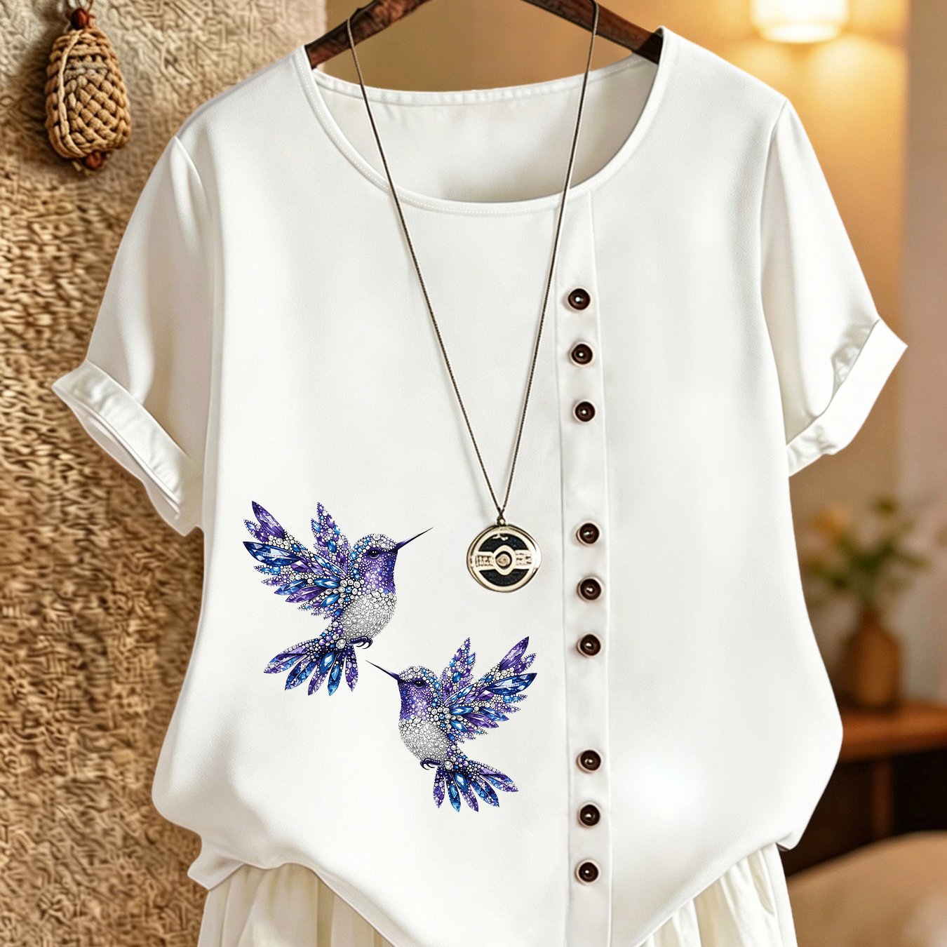 TEMU Women's Bohemian Vintage Button-up Short Sleeve Shirt Top With Hummingbird & Gemstone Collar - Machine Washable Blouseable Blouseable Suitable
