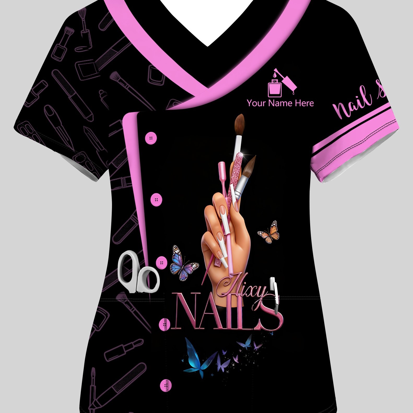 TEMU [Personnalisé] T-shirt de travail à poche et col en V personnalisé avec nom, T-shirt pour artiste manucure femme - Noir avec imprimé d'outils à