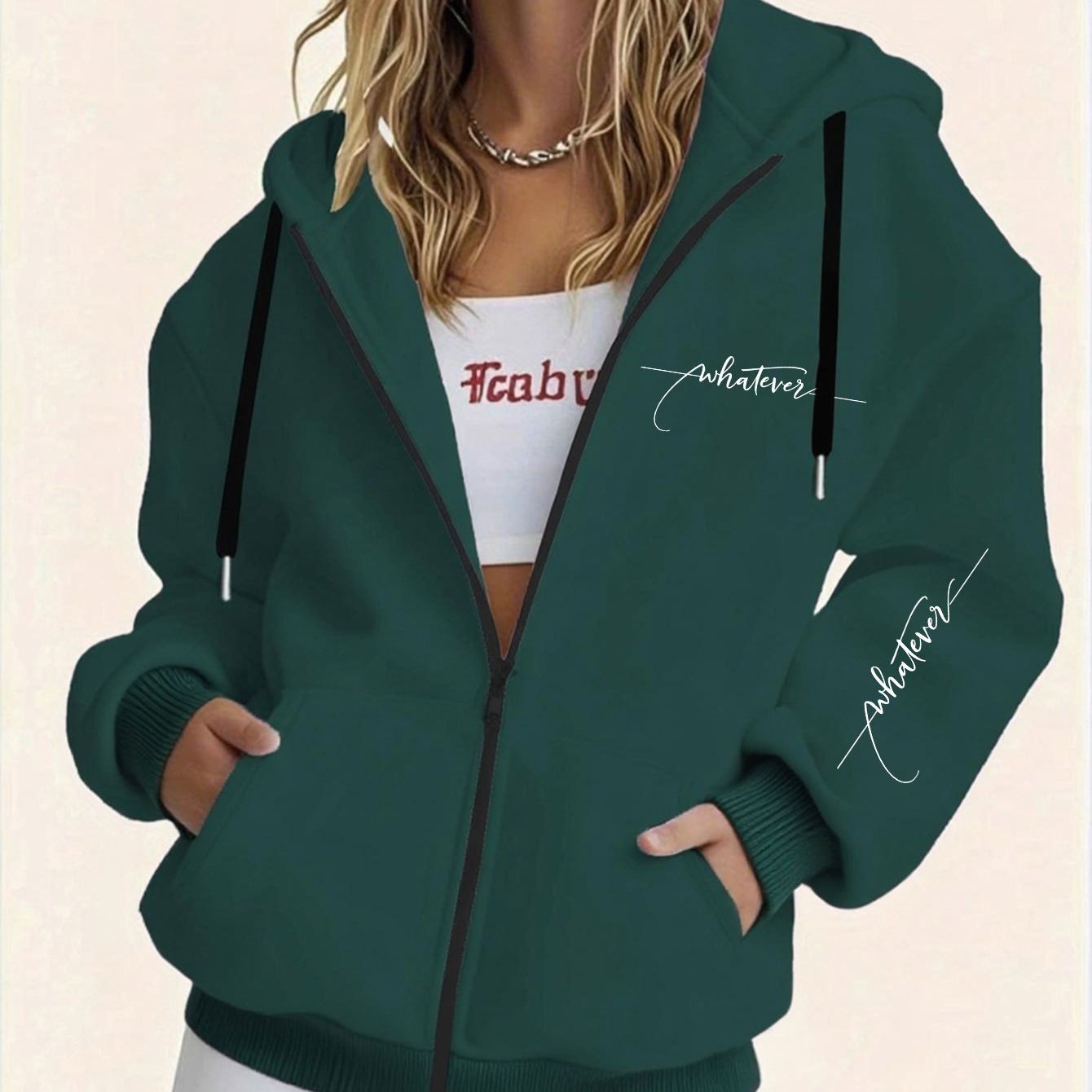 TEMU Women's -lined Hooded Zipper Sweatshirt With Whatevei Letter Print - Cozy Winter Pullover, 100% Polyester, Long Sleeve Pocket Hoodie, Machine