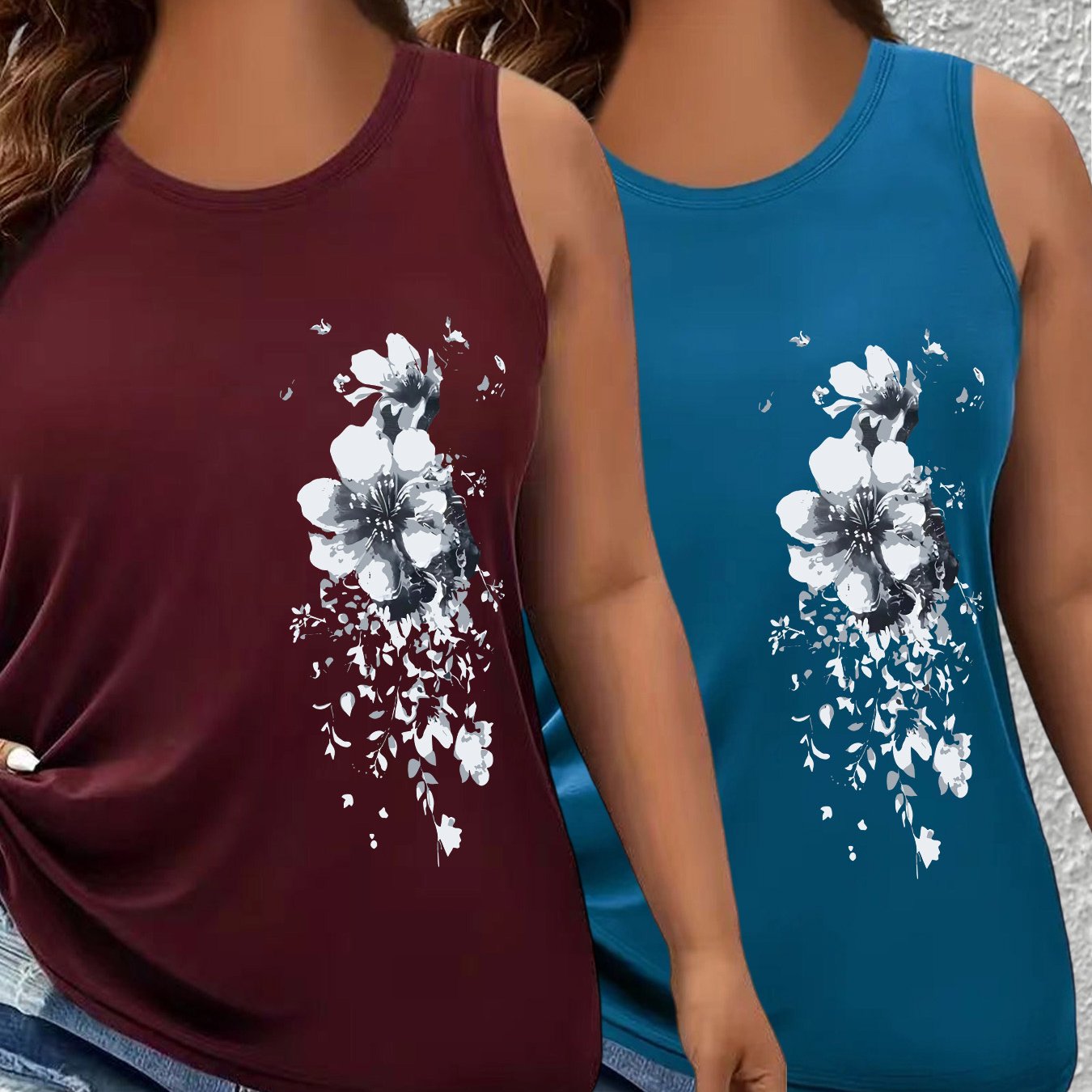 TEMU Plus Size, Floral Print 2pcs Set, European And Plus Size Fashion, Round Neck Tank Top