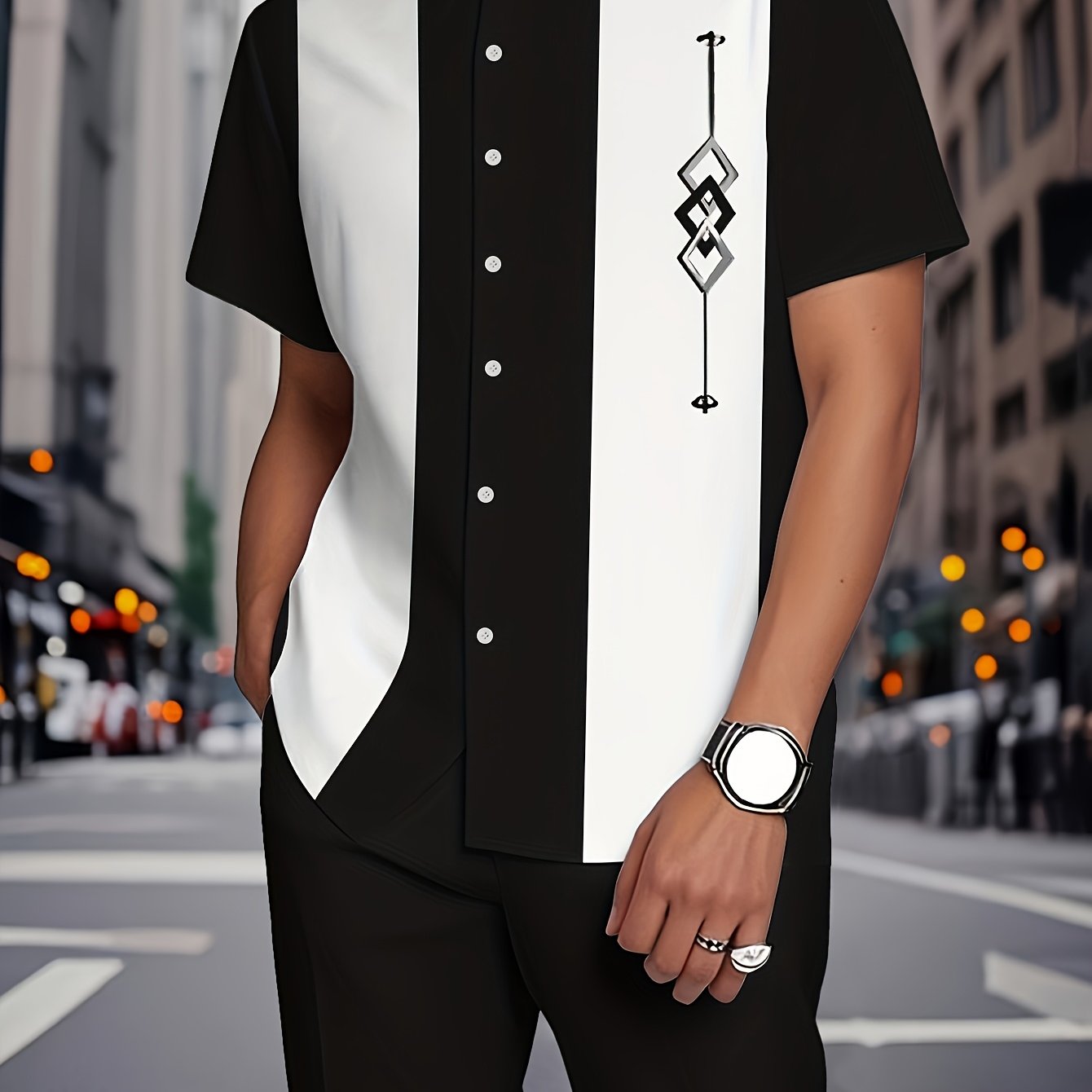 Image of Europe And The United States Plus Size Men's New Short-sleeved Shirt And Trousers Suit, Geometric Pattern Printing Design Trend Fashion, Daily Holiday Outdoor Leisure Style., Plus Size