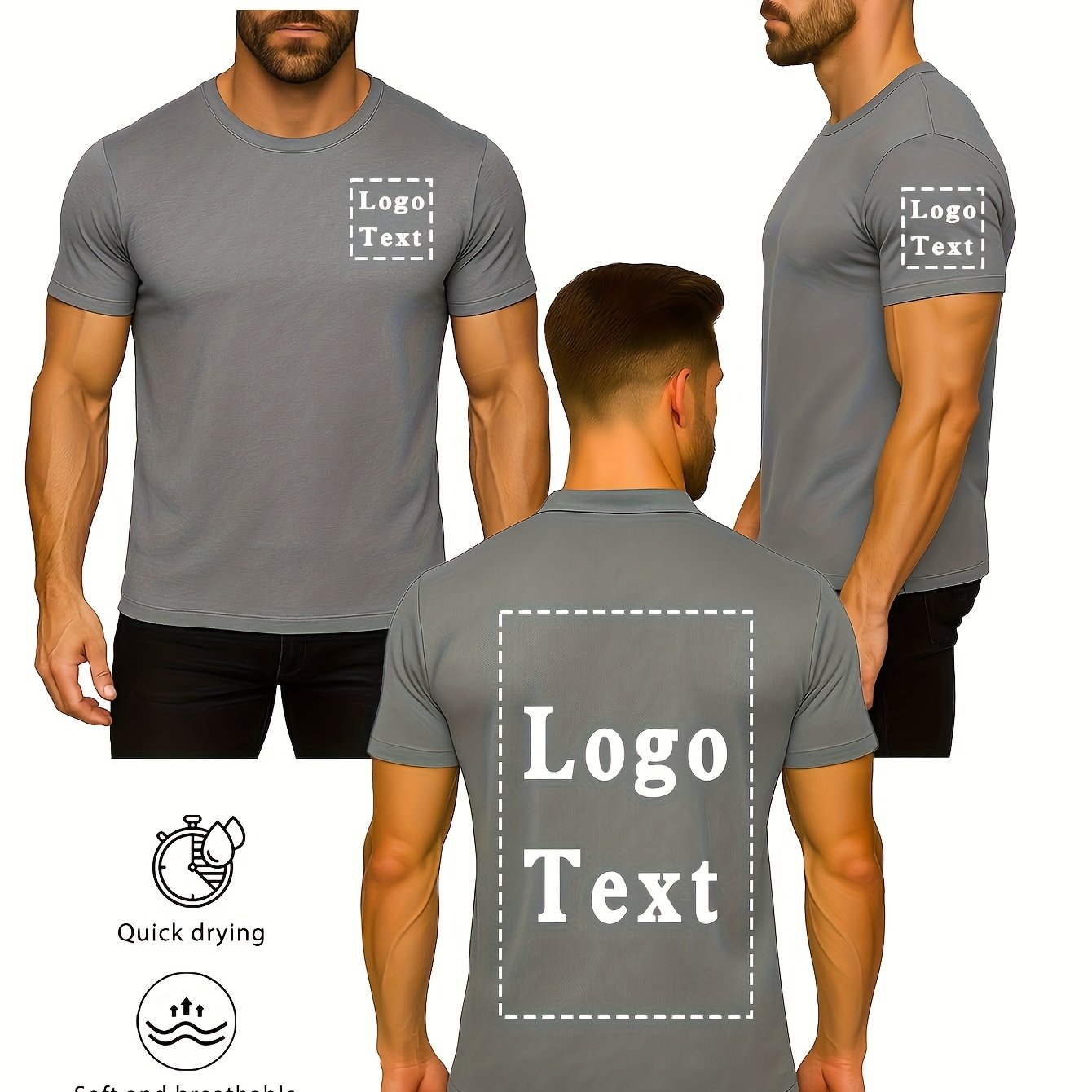 TEMU Custom 3pcs Men's Quick- T-shirts With Customizable Logo/design On Chest And Back, Lightweight, Breathable, Moisture-wicking, Cool And