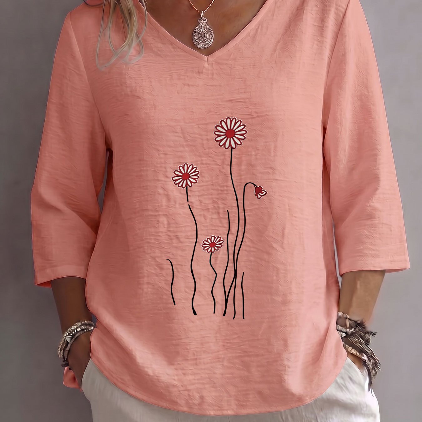 TEMU Spring Summer Casual 's Top, Easy Style Floral Loose V-neck Three-quarter Sleeve Clothing