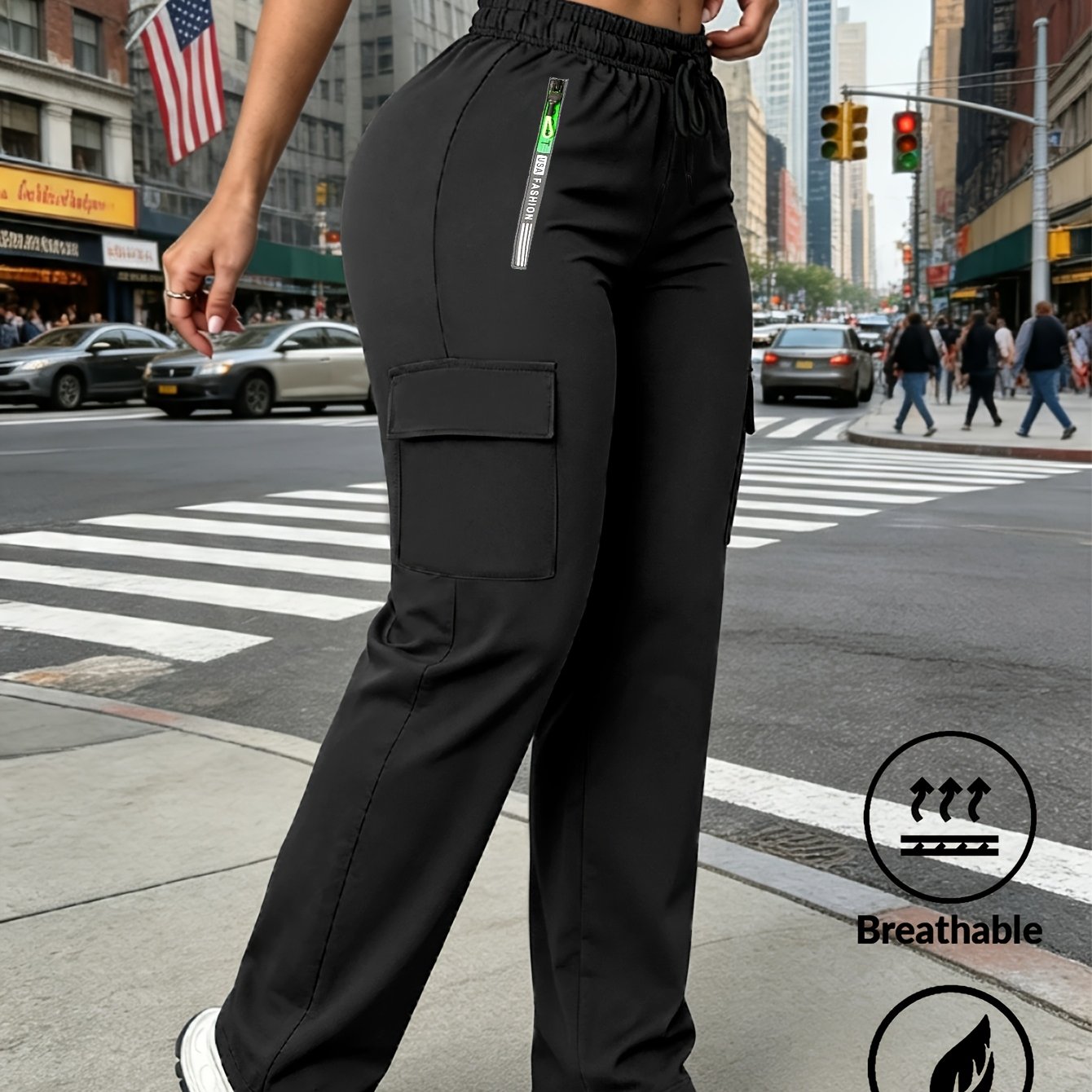 TEMU Pantalon cargo multi-poches pour femme avec taille élastique et cordon de serrage - Pantalon ample à jambe droite, couleur unie, toutes saisons,