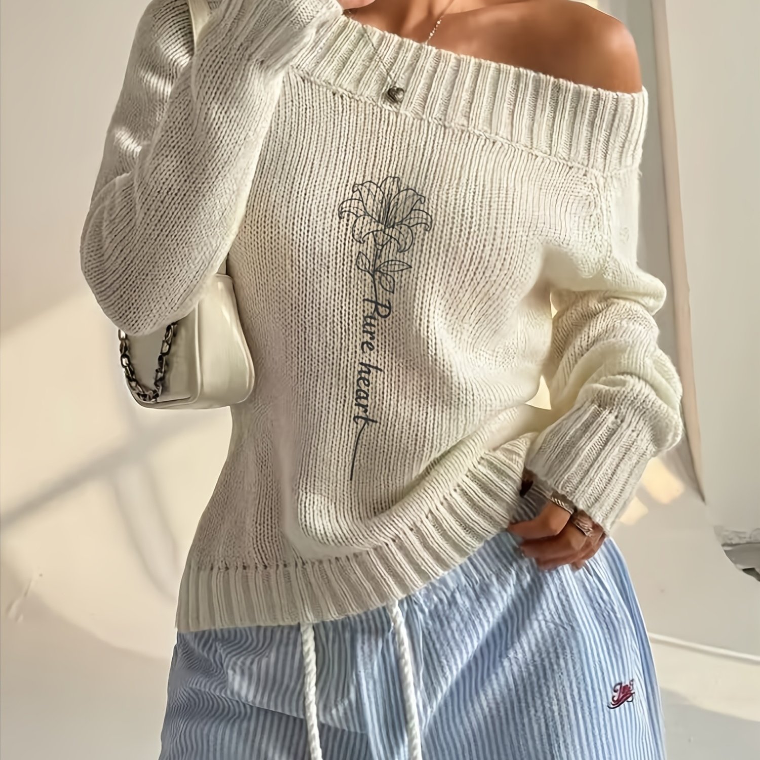 TEMU Pull d'été à épaules dénudées pour femme, imprimé atmosphérique, pull et à manches longues pour et