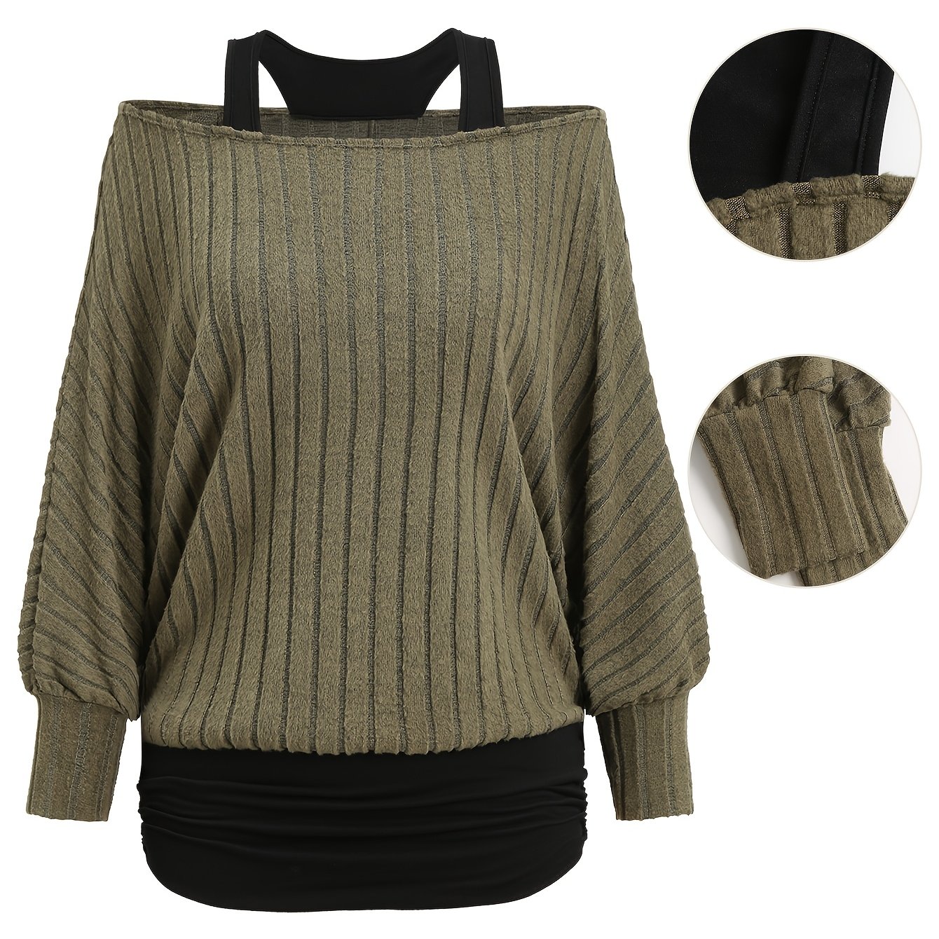 TEMU Women's Casual Color-block Vertical -the-shoulder Batwing 2-in-1 Look Hem Gathered Long Sleeve Long Top