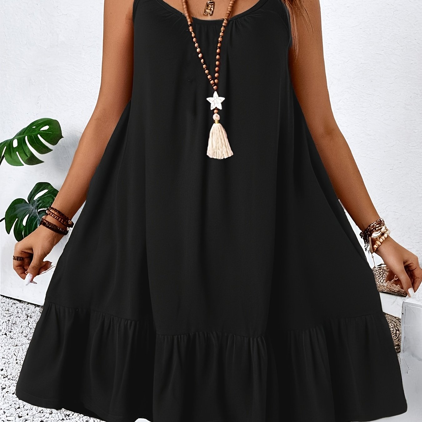 Plus Size - Plus Size - 1pc Women's Plus Size Solid Color Loose Ruched Round Neck Side-pocket Hemmed Mini Cami Dress