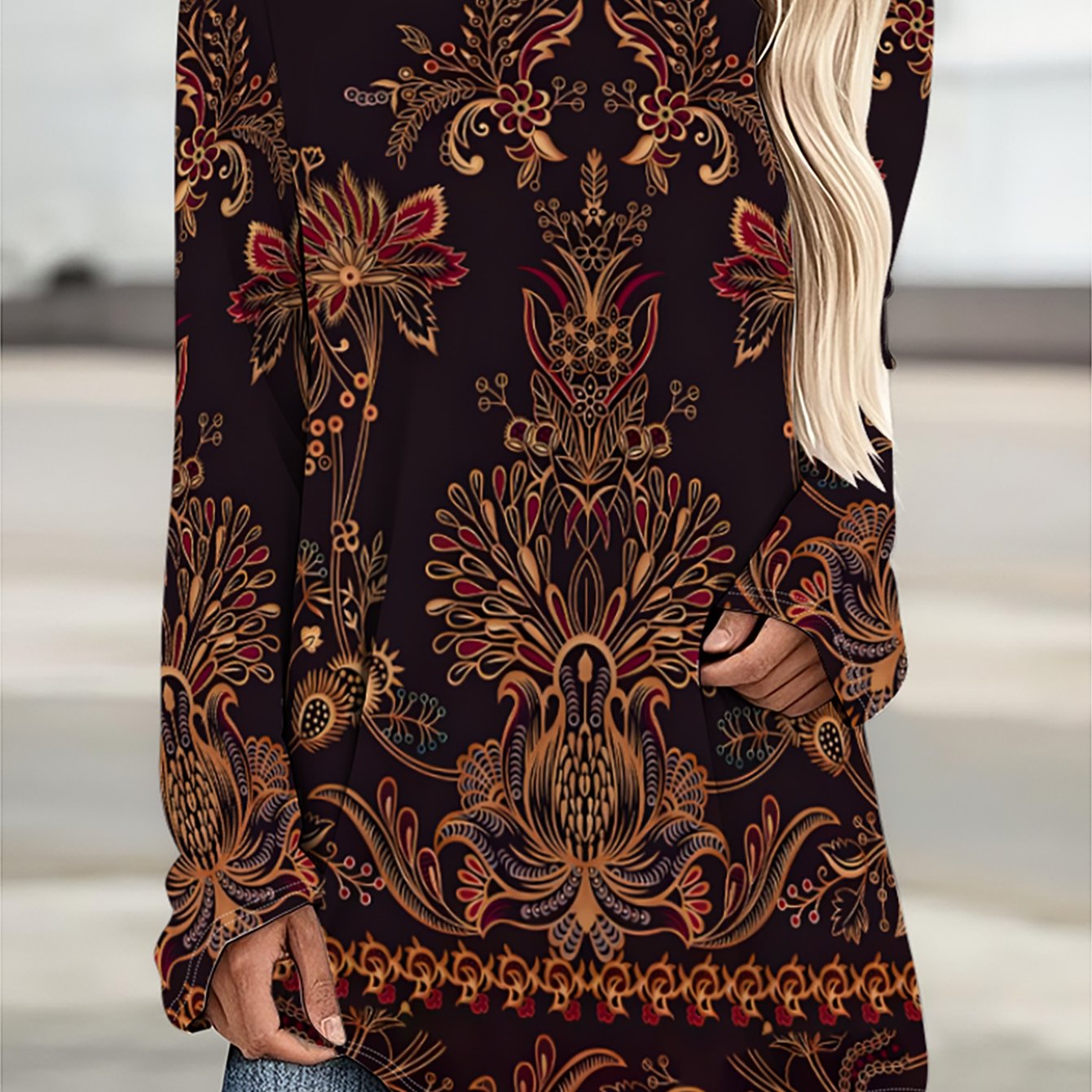 TEMU Women's Autumn And Winter Plus Size Women's Fashion Printed Casual Large Round Neck Long-sleeved T-shirt, Casual Long T-shirt Top, Loose A-line
