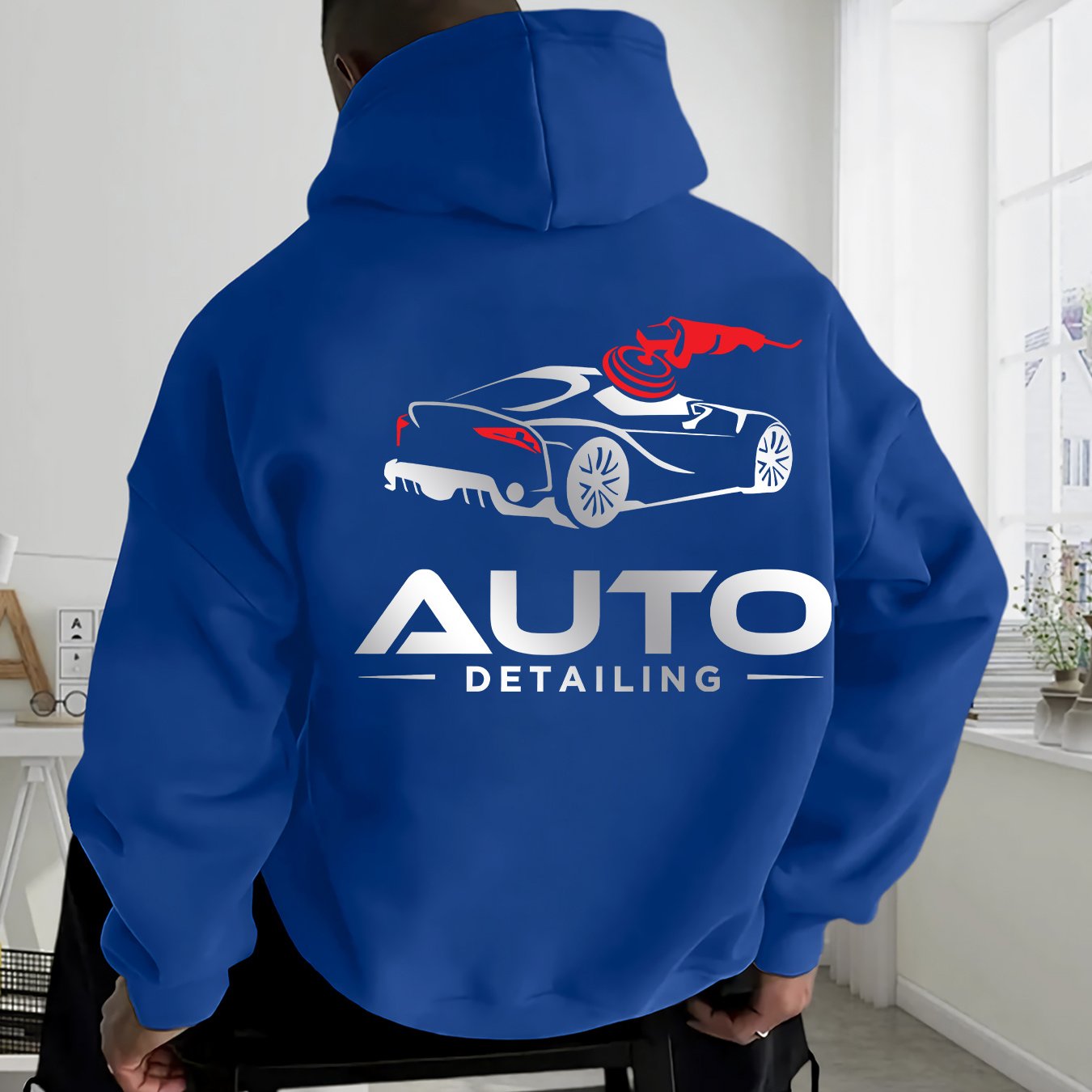 TEMU Men's Hoodie - Red Automotive Graphic Sweatshirt, Auto Detailing Text & Back Print, Casual Pullover Hoodie For Car Enthusiasts & Detailing
