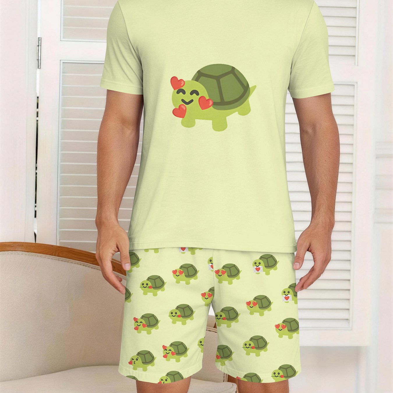 TEMU 2pcs Heart Turtle Home Men's Short Sleeve T-shirt And Shorts Set, Set, Summer Sleepwear, Suitable For Men's , Fresh Light Green Fit For Summer,