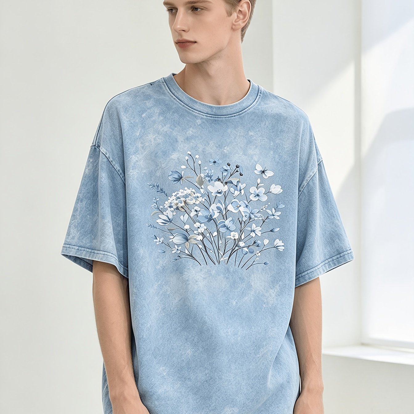 TEMU Vintage Washed Bouquet Print T-shirt With Beautiful Floral Pattern, 230g Heavyweight Loose Short-sleeve Top