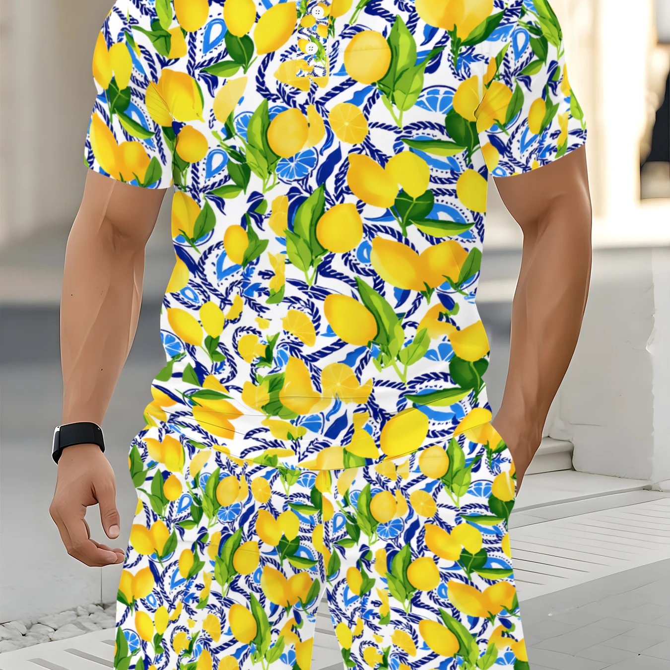 TEMU Men's Lemon Print Beachwear Set, Summer Casual Shirt And Shorts 2pcs Set, Fashionable Breathable Vacation Attire