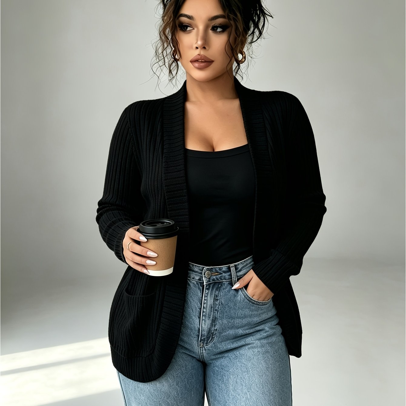 TEMU Plus Size Women' Vertical Ribbed Cardigan, Neckless Long Sleeve With Pockets, Loose Outerwear Top, Versatile Casual Thin Textured Shawl Coat