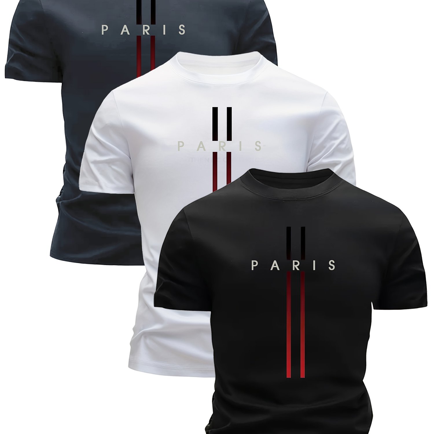 Image of 3pcs Mixed Print Gradient Long Stripe Pattern Men's Lightweight Short-sleeve T-shirt - Quick-dry, Breathable, Sweat-absorbing Casual Summer Shirt With Crew Neck Design