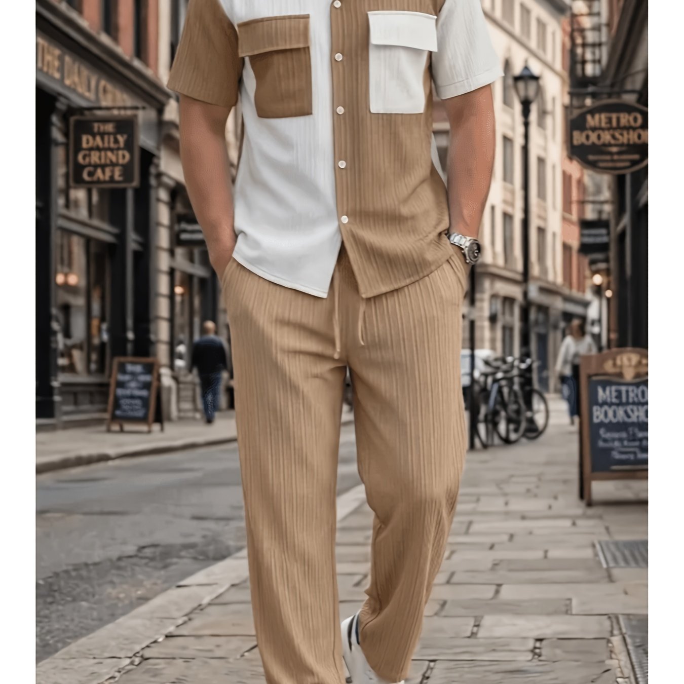 TEMU 2026 New Summer Men's Suit Collar Color-block Striped Pocket Shirt Casual Loose Short Sleeve Long Pants Set