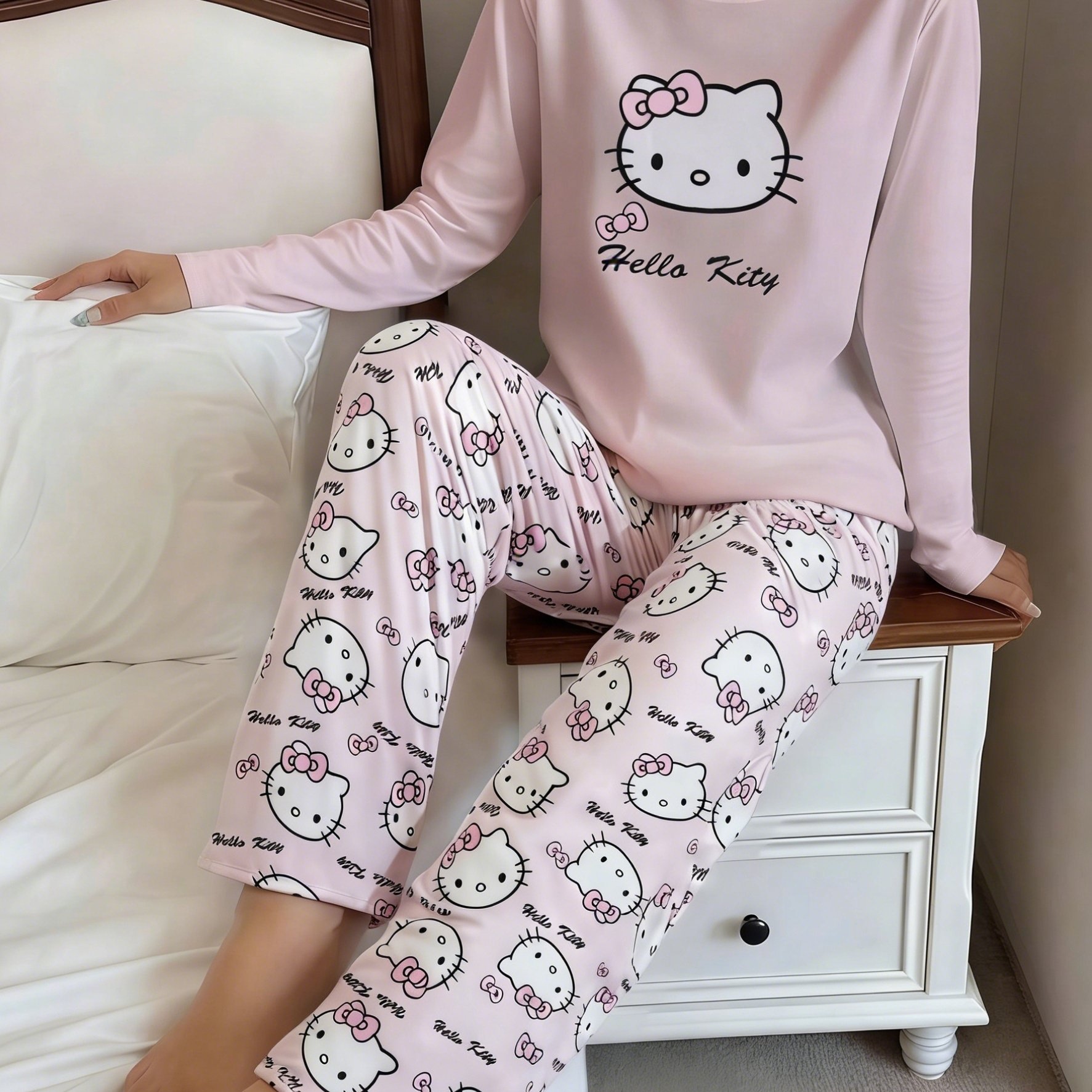 Spring And Autumn Cute Hello Kitty Print Pajama Set, Homewear Outfit -