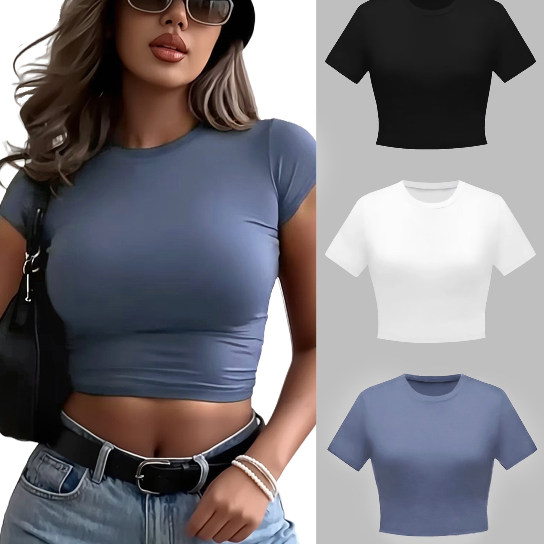 TEMU 3pcs Solid Color T-shirt, Casual Round Neck Slim Fit Short Sleeved Women's T-shirt, Elastic Polyester Fabric, Machine Washable, Casual | Smooth