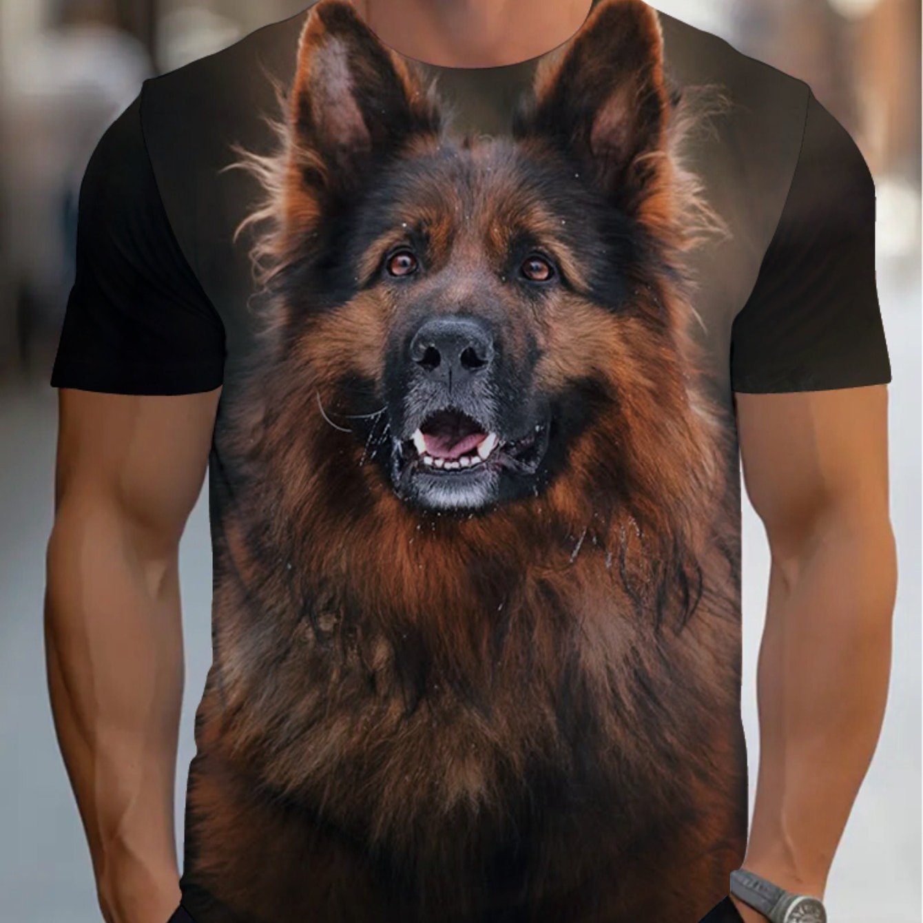 TEMU Casual T-shirt For Men Featuring A Dog Print, Perfect For Lounging At Home. Lightweight And Sturdy, With A Black Background And Brown Design,