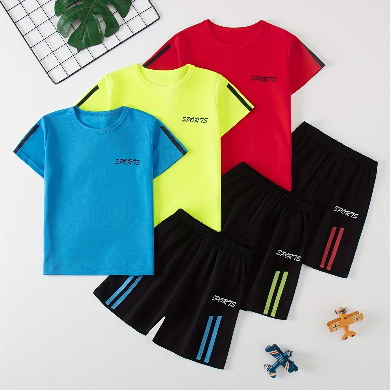 Image of 6pcs Boys' Summer Quick-dry Short Sleeve And Shorts Set, Breathable Solid Basketball Soccer Sports Outfit, Perfect For Outdoor