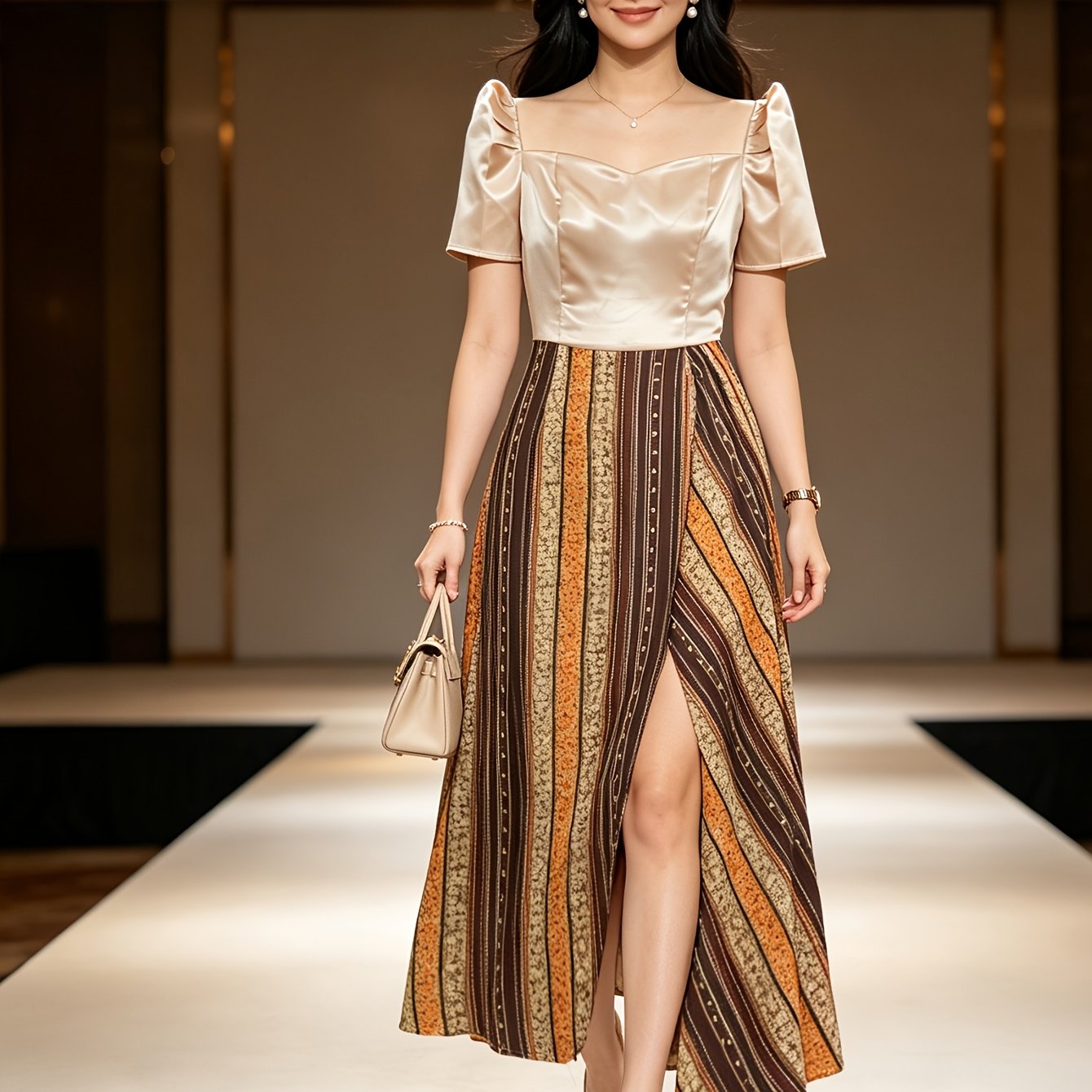 TEMU Robe Terno , Terno à Manches Papillon, Robe Mi-Longue pour Femme, Robe à , Manches Courtes Bouffantes, Corsage en Satin, Jupe à Imprimé Rayé,