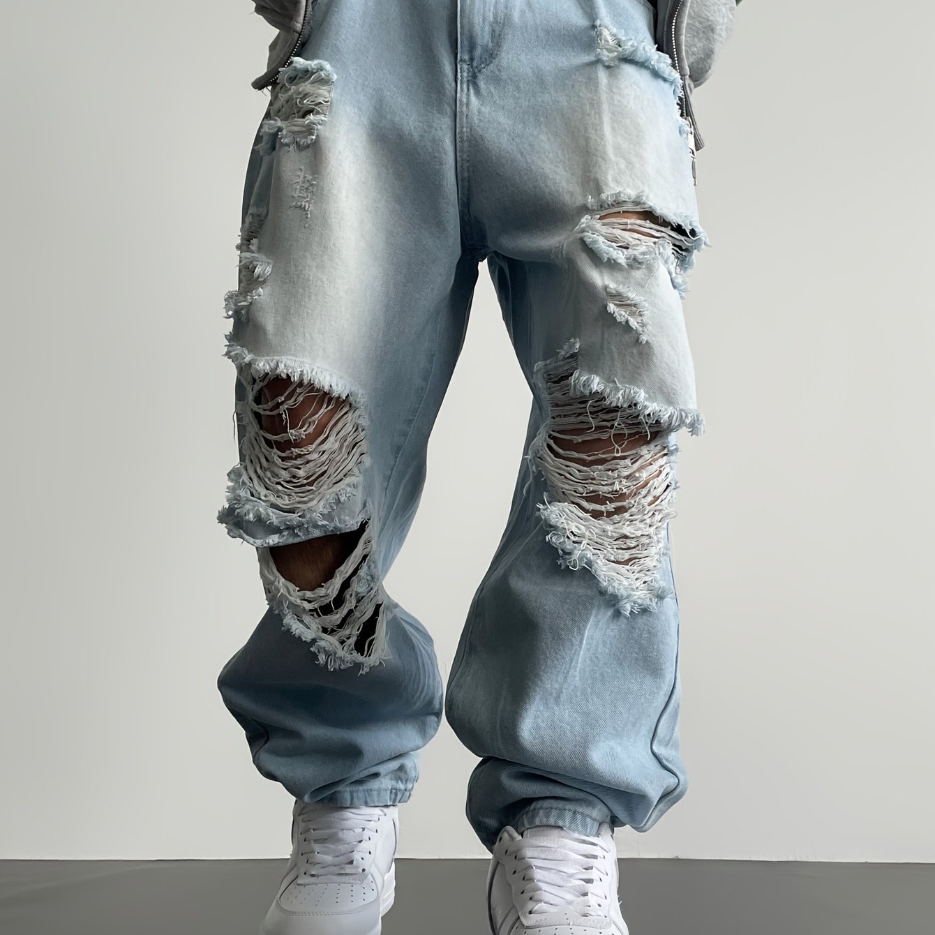 Image of Men's Fashion Versatile Non-stretch Jeans, Washed Denim Light Blue + Multiple Ripped Holes + Distressed + Enzyme Wash With Softening