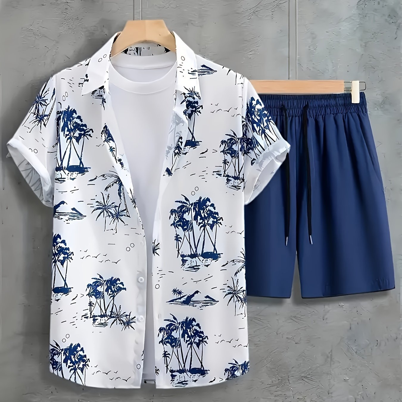 TEMU Men's Summer Casual 2pcs Set: Print Short Sleeve Button-up Shirt & Solid Color Shorts - Polyester, Non-stretch Fabric