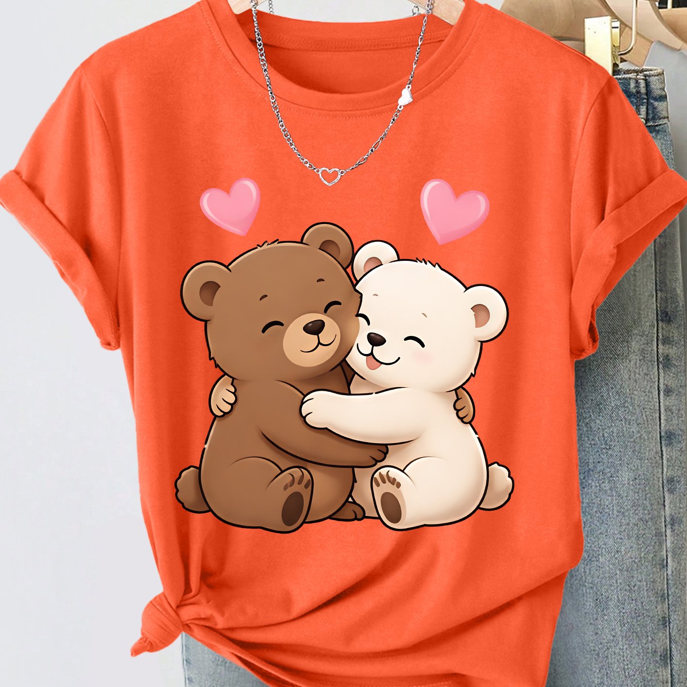 TEMU Plus Size Women's Hugging Bear & Heart Print T-shirt - Soft Breathable Short Sleeve -compatible Top Suitable For , Round Neck Casual Daily Wear,