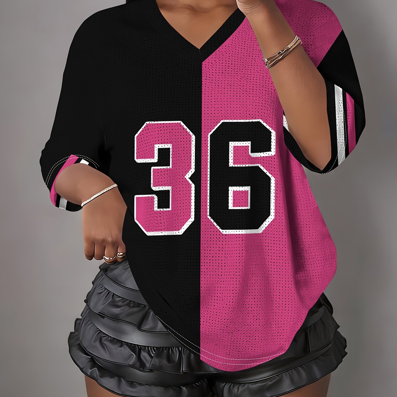 TEMU Women's Versatile Trendy Casual Y Color-block 36 Print American Baseball Style Jersey Hollow Fabric V-neck Short Sleeve T-shirt, Loose Fit