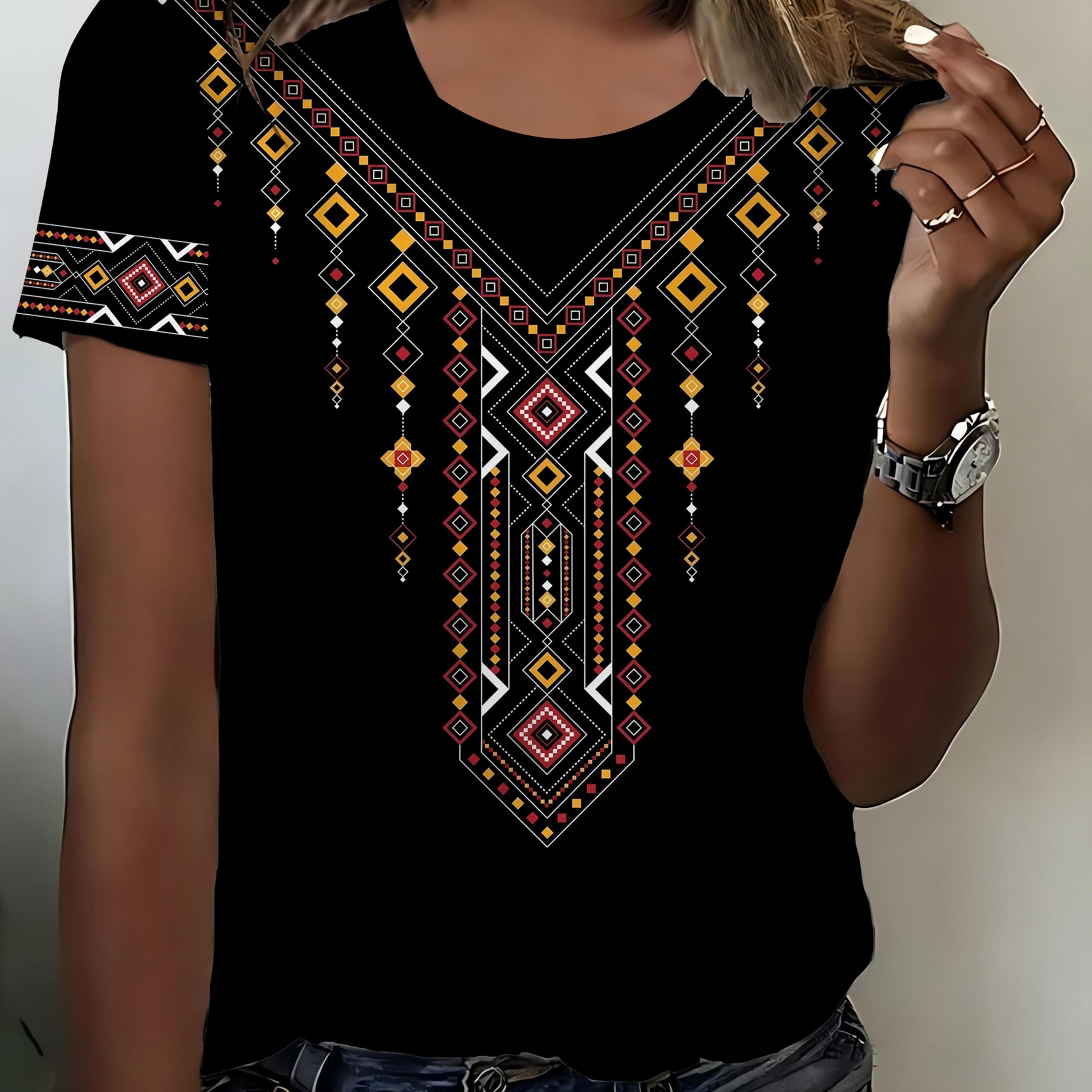 TEMU [printed Design - Not Textured] Women's Black V-neck T-shirt, Bohemian Ethnic Geometric Print, Tribal Style Casual Short Sleeve Top