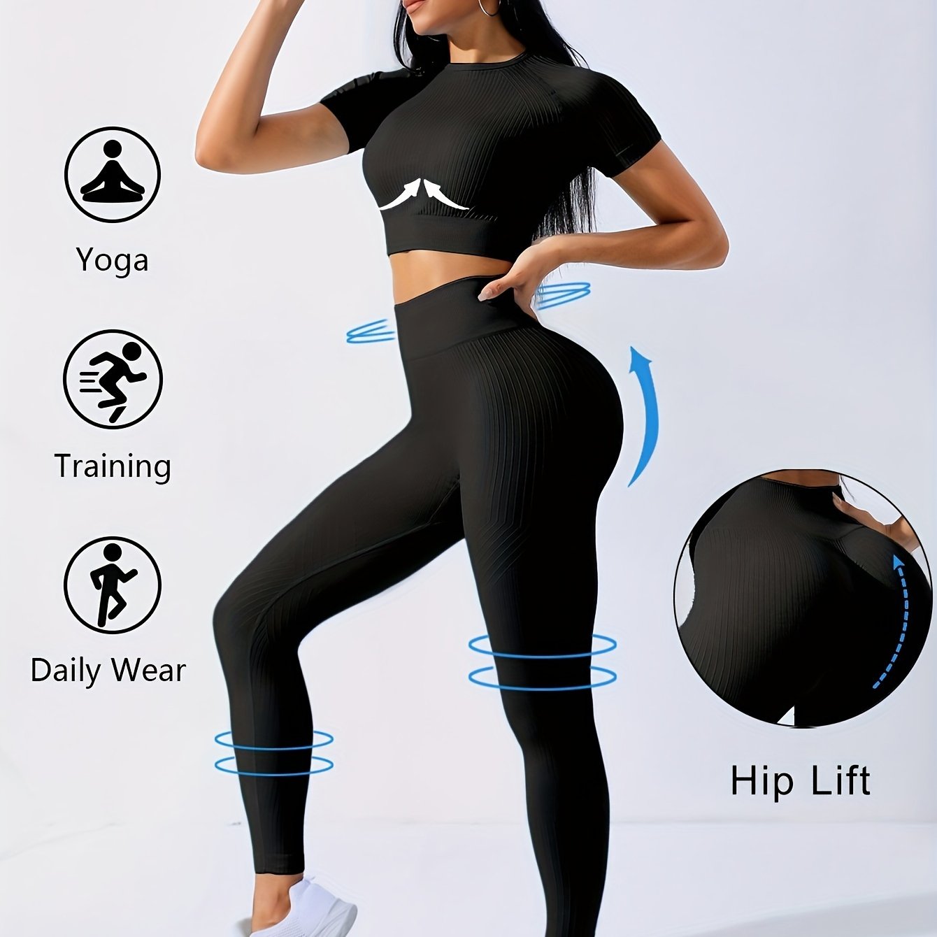 Image of Two-piece Outdoor Sports Set - Short-sleeved Top And High-waisted Solid Color Running Leggings, Suitable For Yoga And Everyday Wear, Featuring Medium Elasticity For Women's Workout Attire