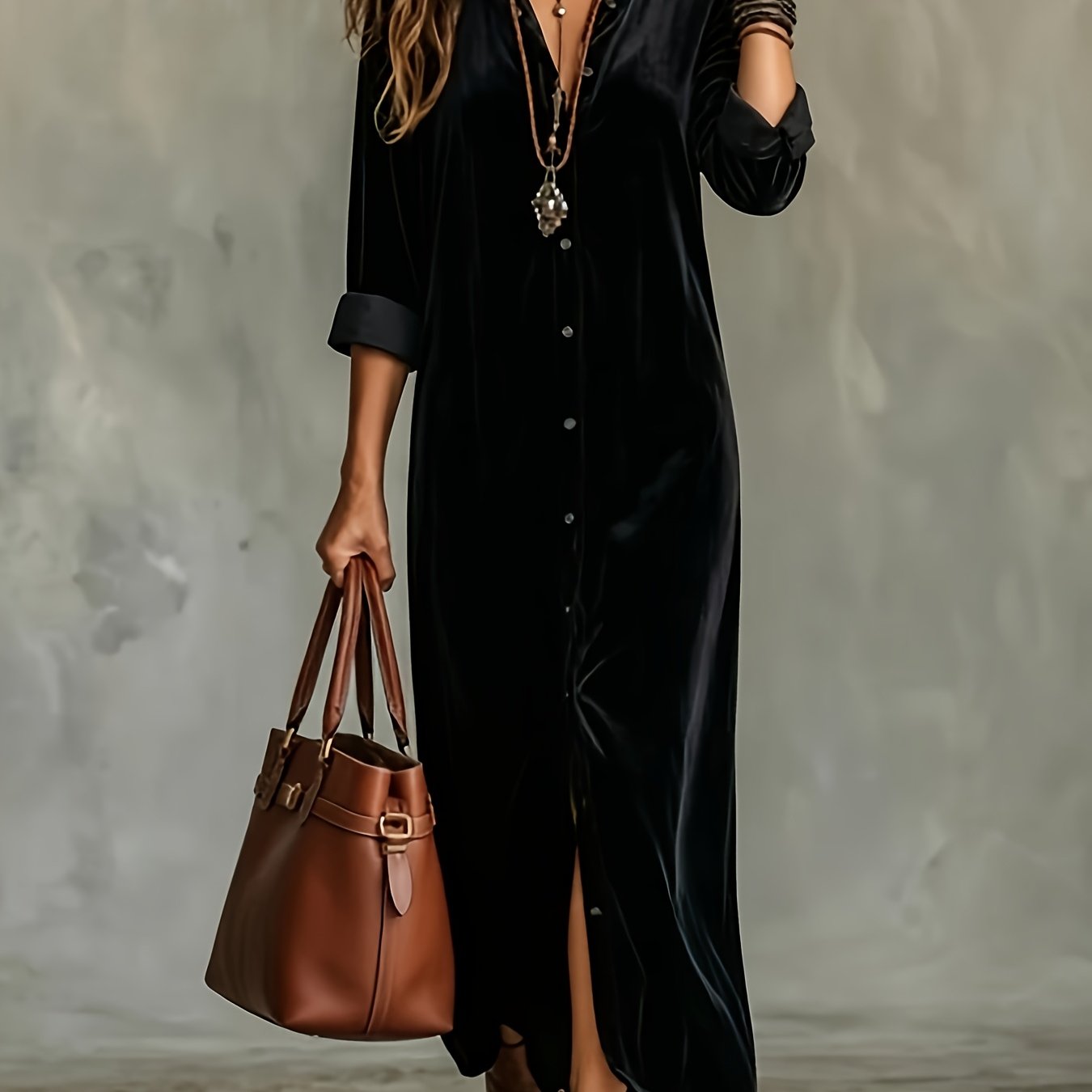 TEMU QD260609005 Robe-chemise Longue Élégante en Velours pour Femme, à Manches Longues et à Un Boutonnage Simple, Effet Gainant, Décontractée, Robe à