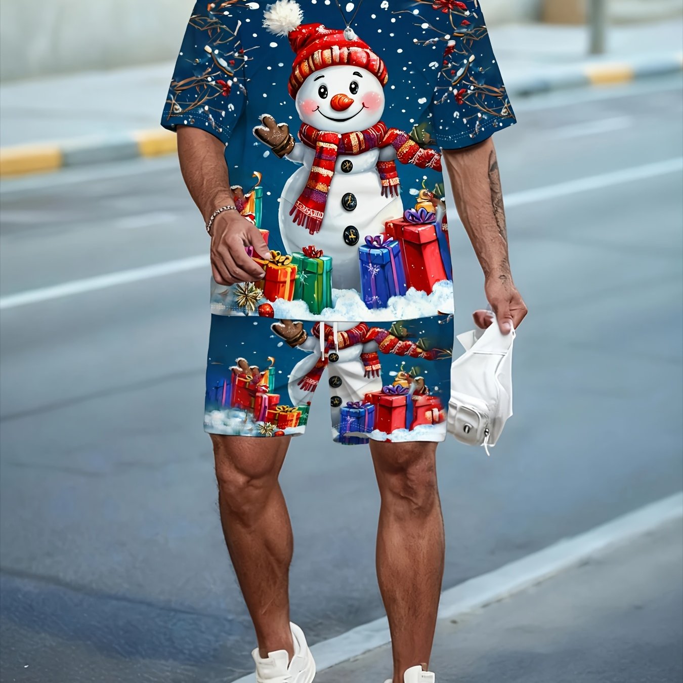 TEMU Christmas Gift Snowman Print Atmosphere Full Men's Short Sleeve Set, Plus Size