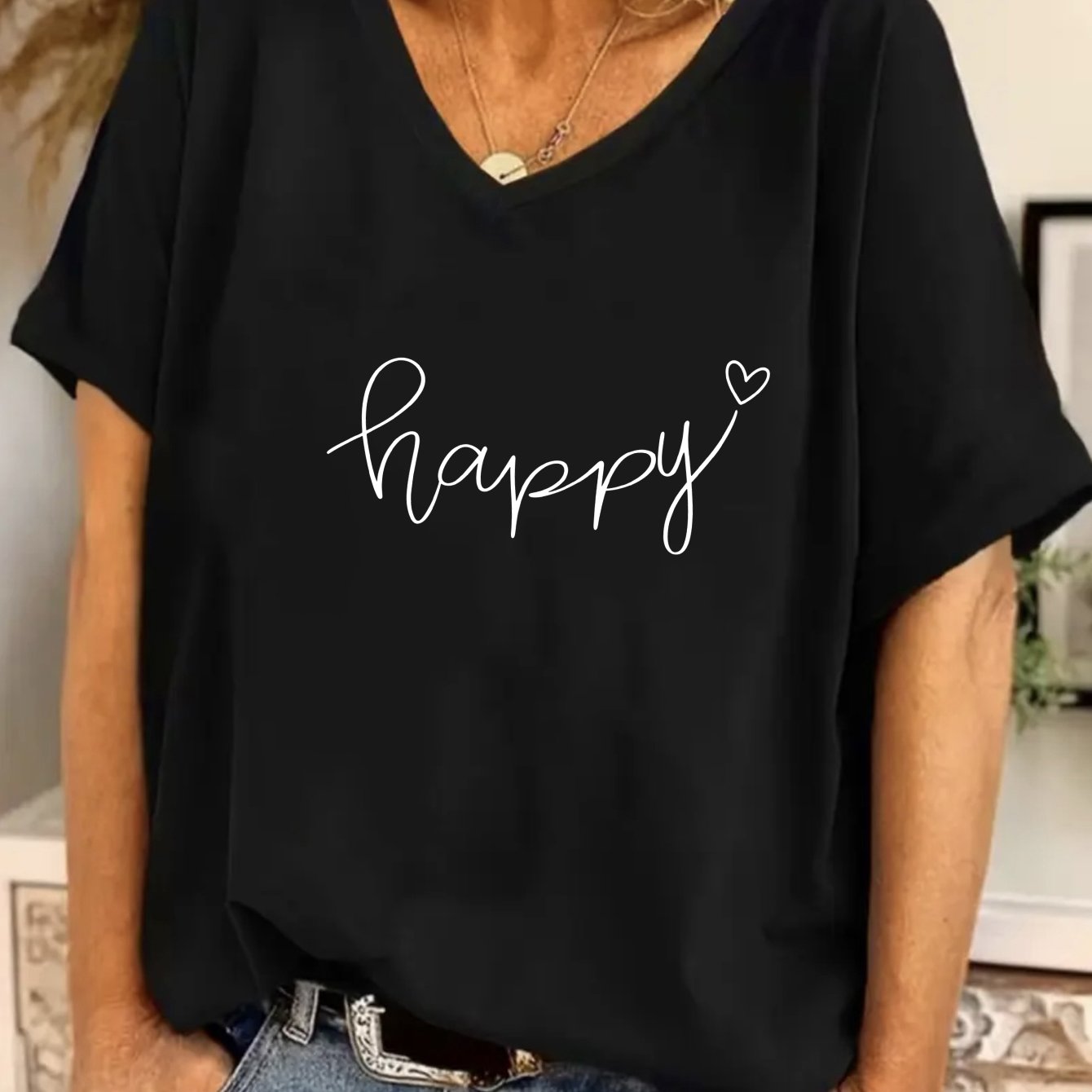 TEMU Women's V Neck Black Short Sleeve Loose T-shirt Happy Letter Heart Casual Summer Top