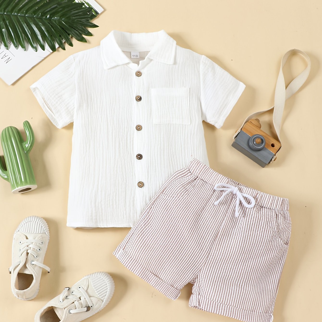 Boys' -cotton Shirt + Striped Shorts, Perfect For Outdoor