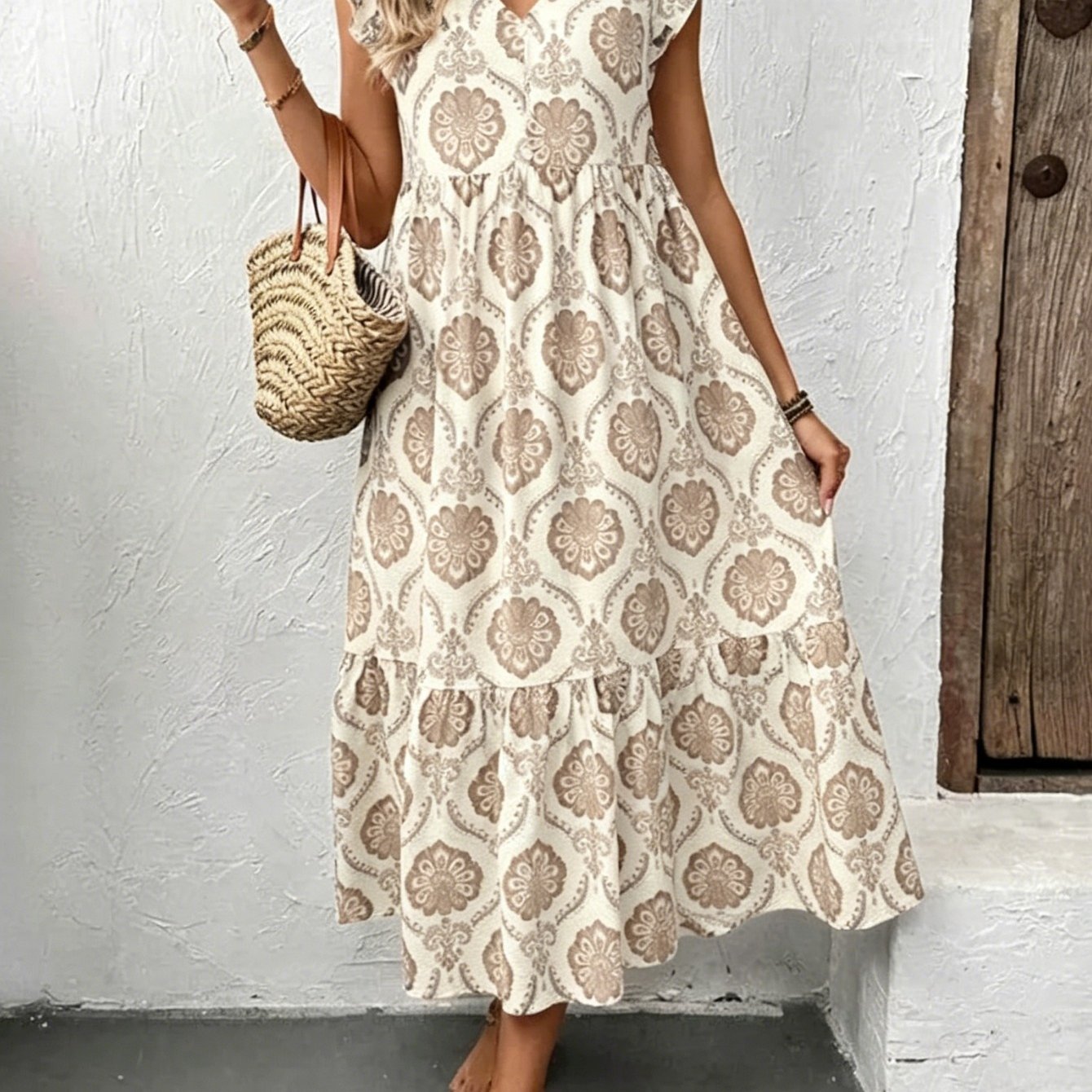 Image of Plus Size Ladies Summer Floral Dress Casual Bohemian V-neck Ruffle Edge Short Sleeve Beach Dress Casual Dress Dress, Perfect Gift For Her