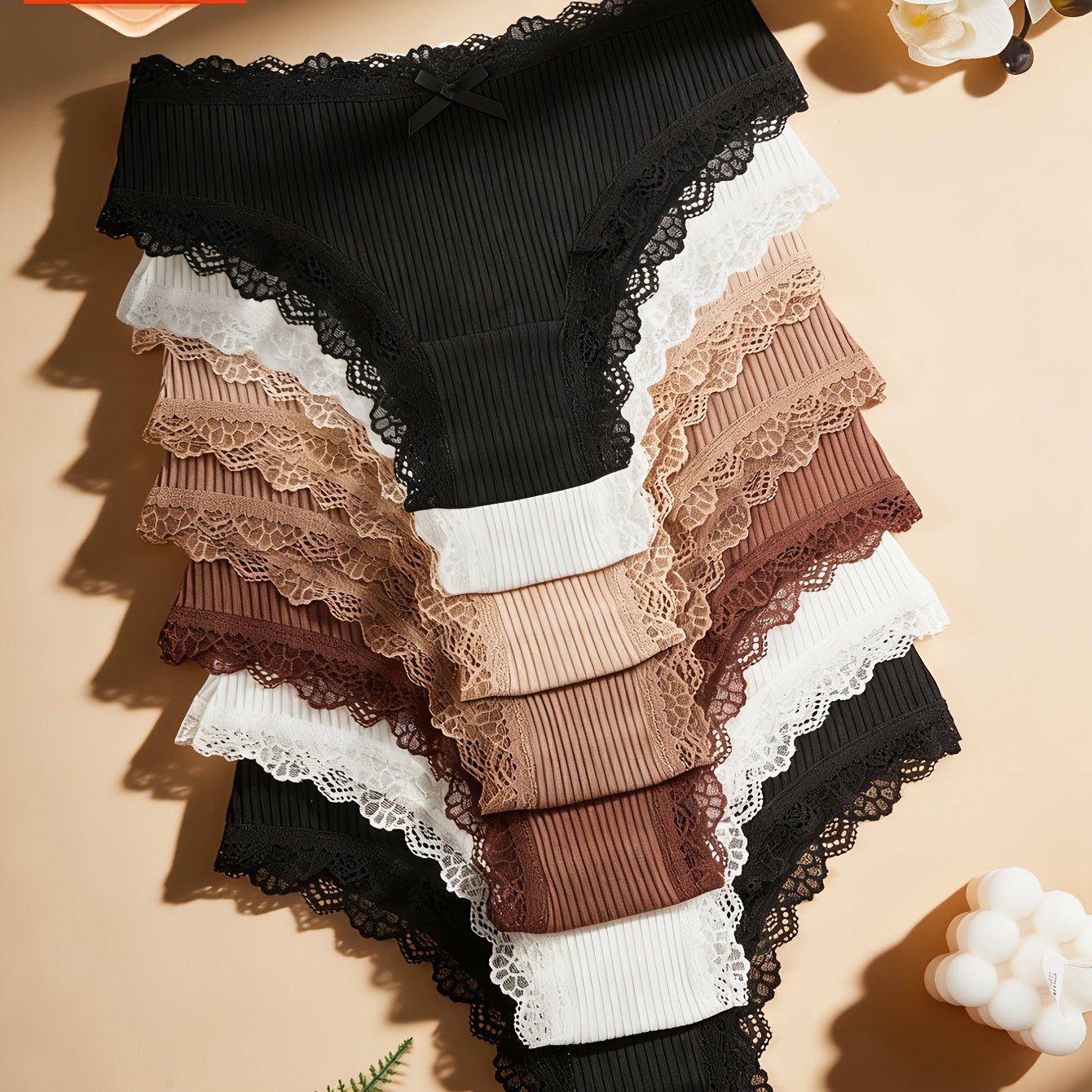 Image of Set Of 7 Women's Lace Panties With Lace Detailing, Bow Decorations, Striped Design, Dark-colored Women's Underwear, Comfortable And Skin-friendly, Everyday Women's Lingerie