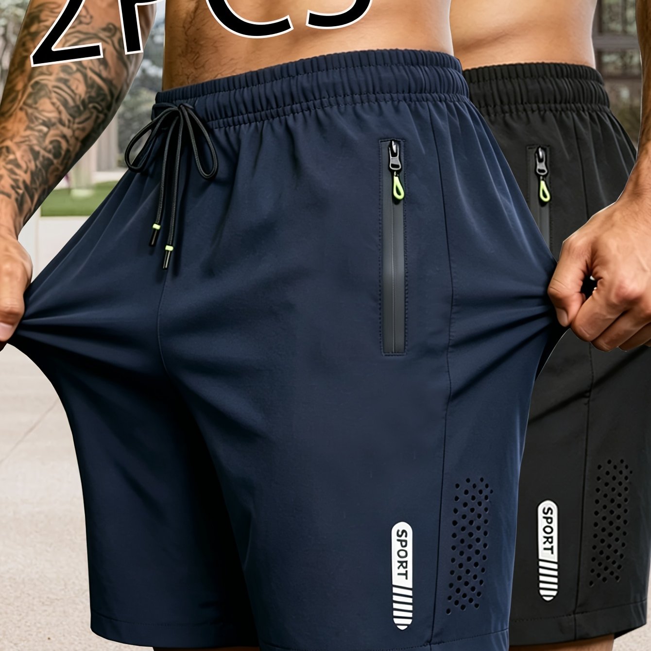 TEMU 2pcs Men's Ultra-thin Drawstring Sports & Casual Shorts, For Fitness, Solid Color, Breathable, Quick-drying Style With Zipper Pockets And Waist
