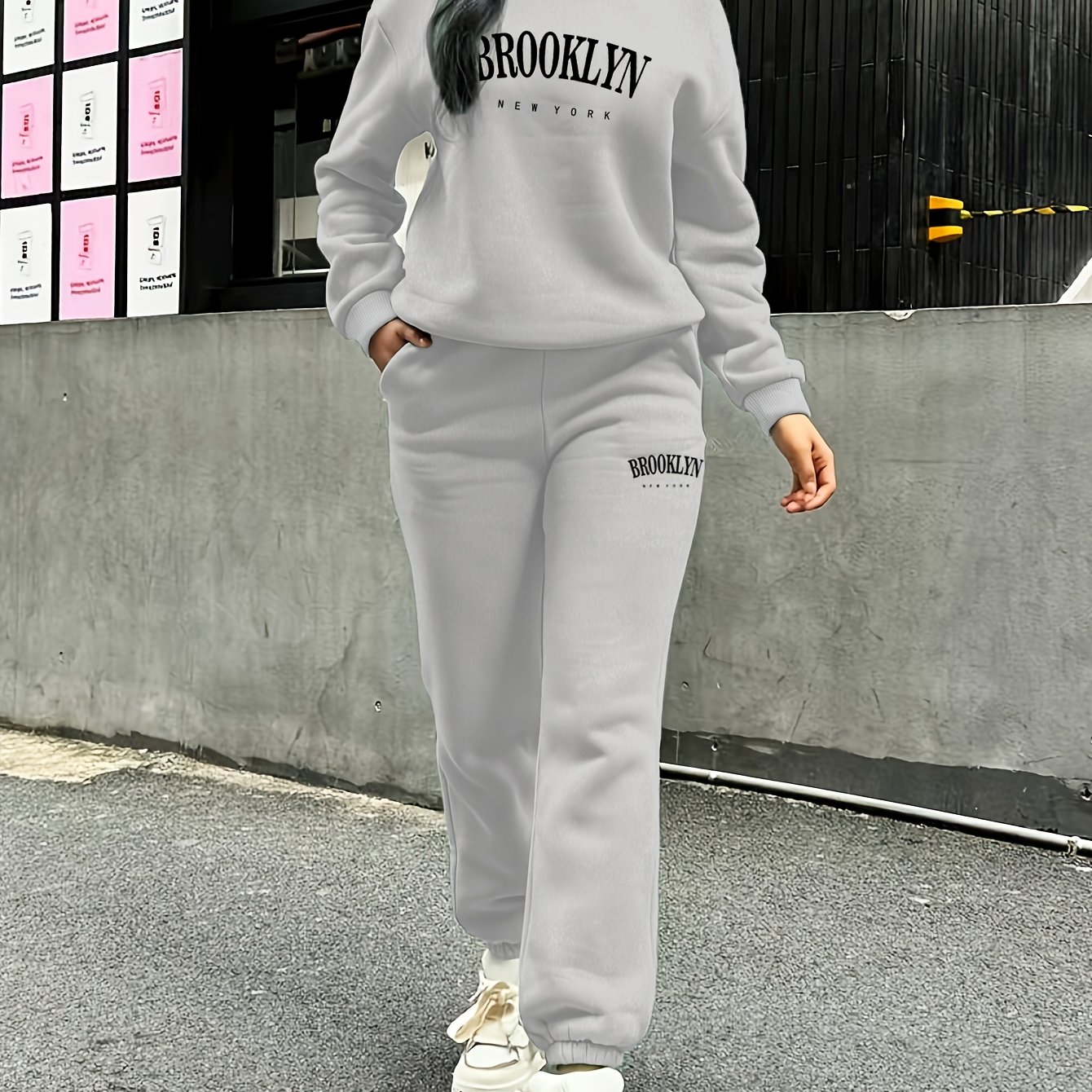 TEMU Women's 2pcs Brooklyn Graphic Athleisure Set - Matching Joggers & Sweatshirt Pajamas/loungewear, Brown Grey Fall Winter Matching Outfit, Machine