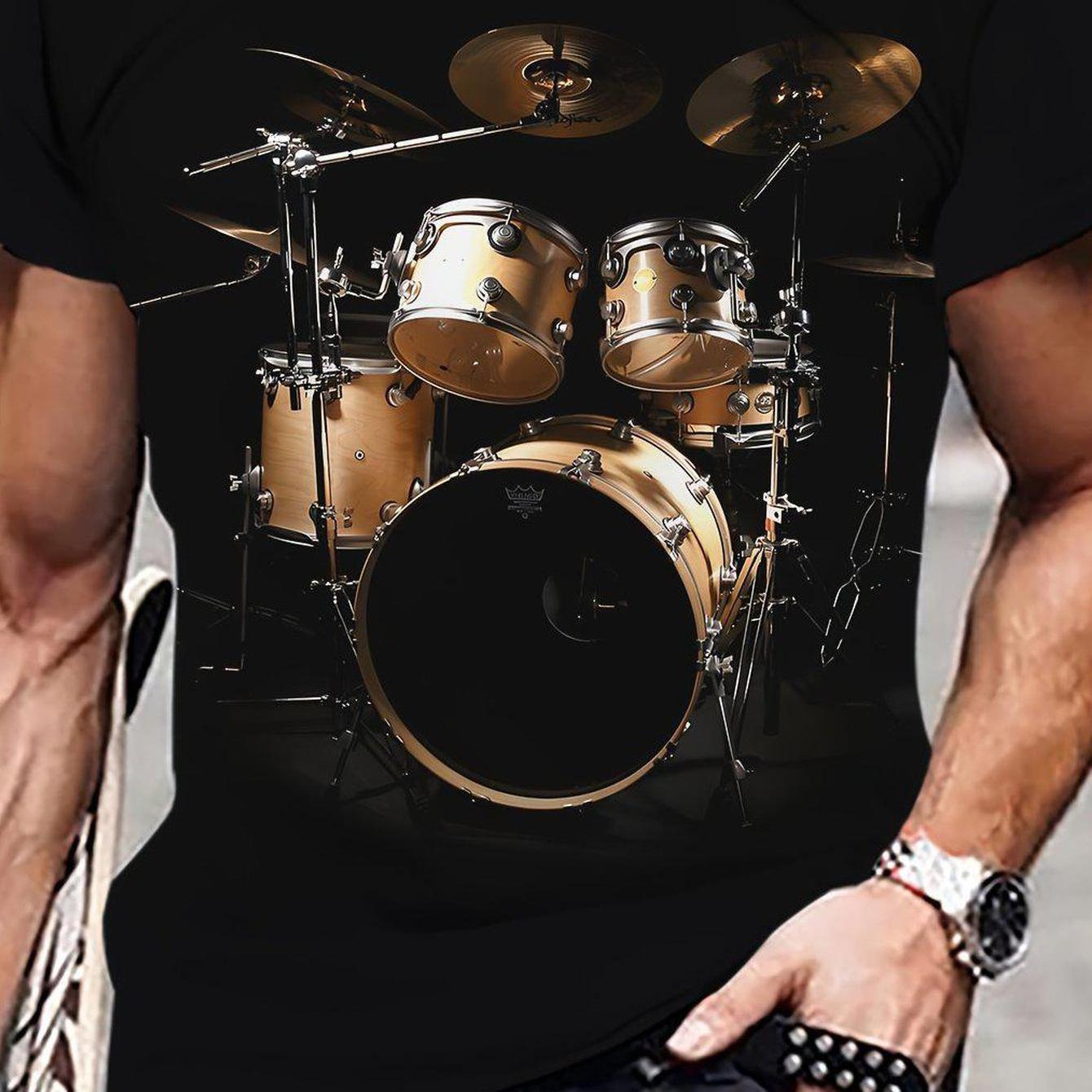TEMU Men's Drum Set Graphic T-shirt - Tee With Golden Drums, Soft Crew Neck Shirt For Musicians, Drummers, Music Lovers - Casual Concert Outfit &