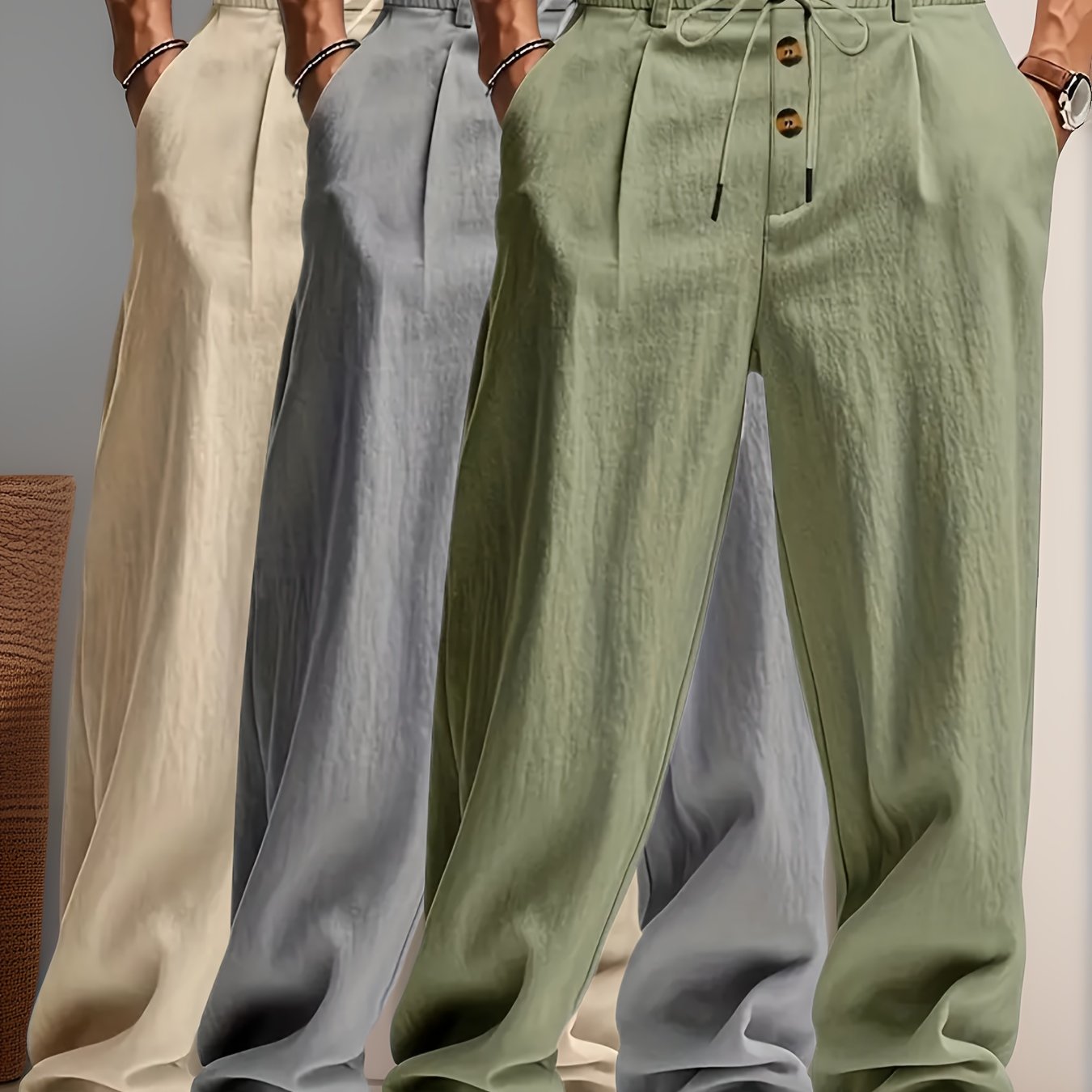 TEMU Lot de 3 pantalons droits en lin pour homme avec cordon de serrage, fausses poches à boutons, pour la plage, les tenues décontractées, et la